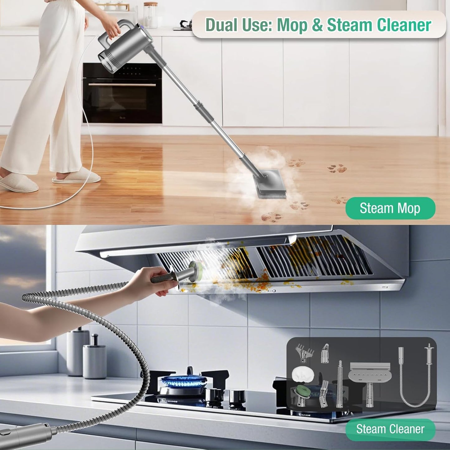 11-in-1 Steam Mop - Detachable Handheld Steam Cleaner with 500mL Tank, 260℉ Floor Steamer for Hardwood, Tile, Grout, Windows, Bath & Kitchen - 3-Level Steam Control, Multi-Purpose Floor Steam Cleaner