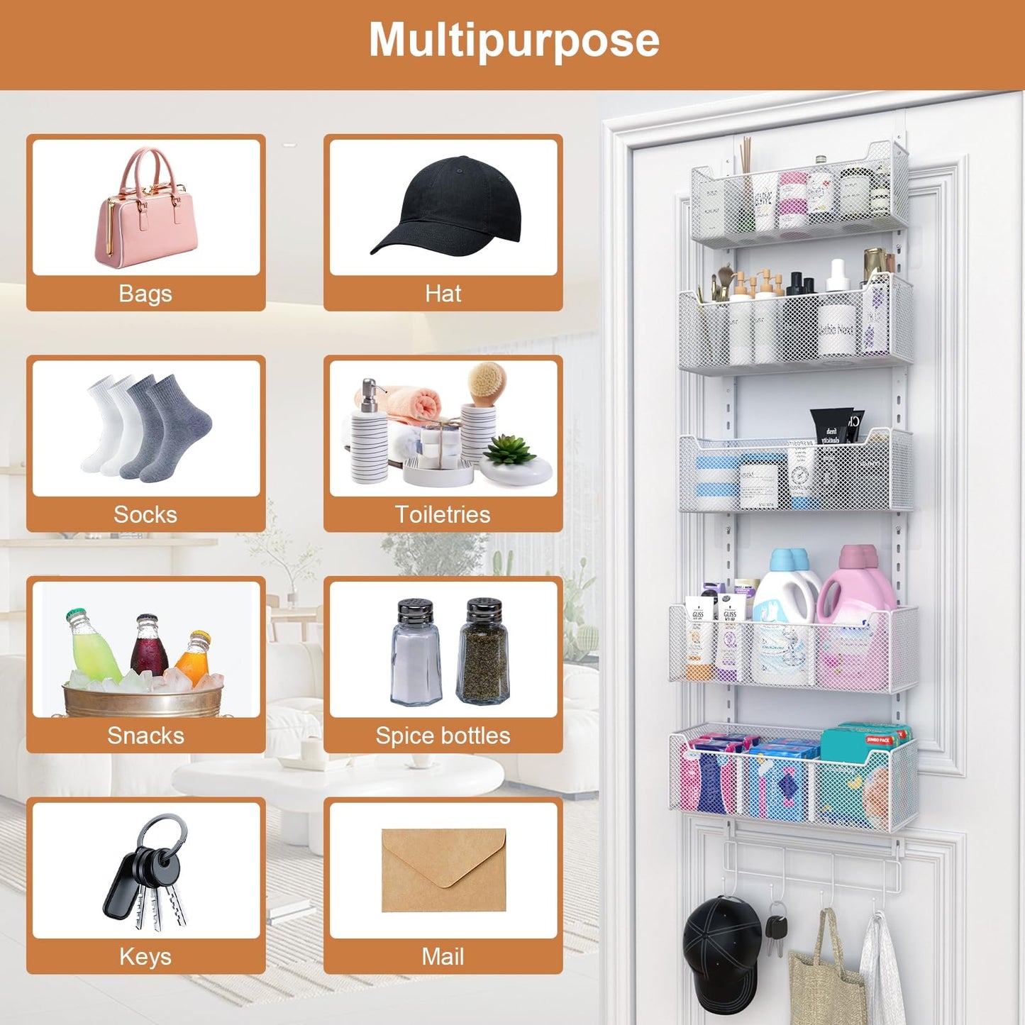VyGrow Over The Door Organizer, Metal Door Organizer Hanging with 5 Adjustable Baskets and Coat