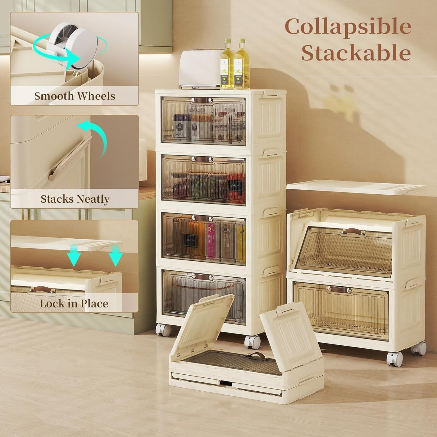 3 Tier - 34QT Storage Bins with Lids, Collapsible Storage Bins with Doors and Wheels, Plastic Storage Cabinet for Easy Storage and Organization for Living Room, Office