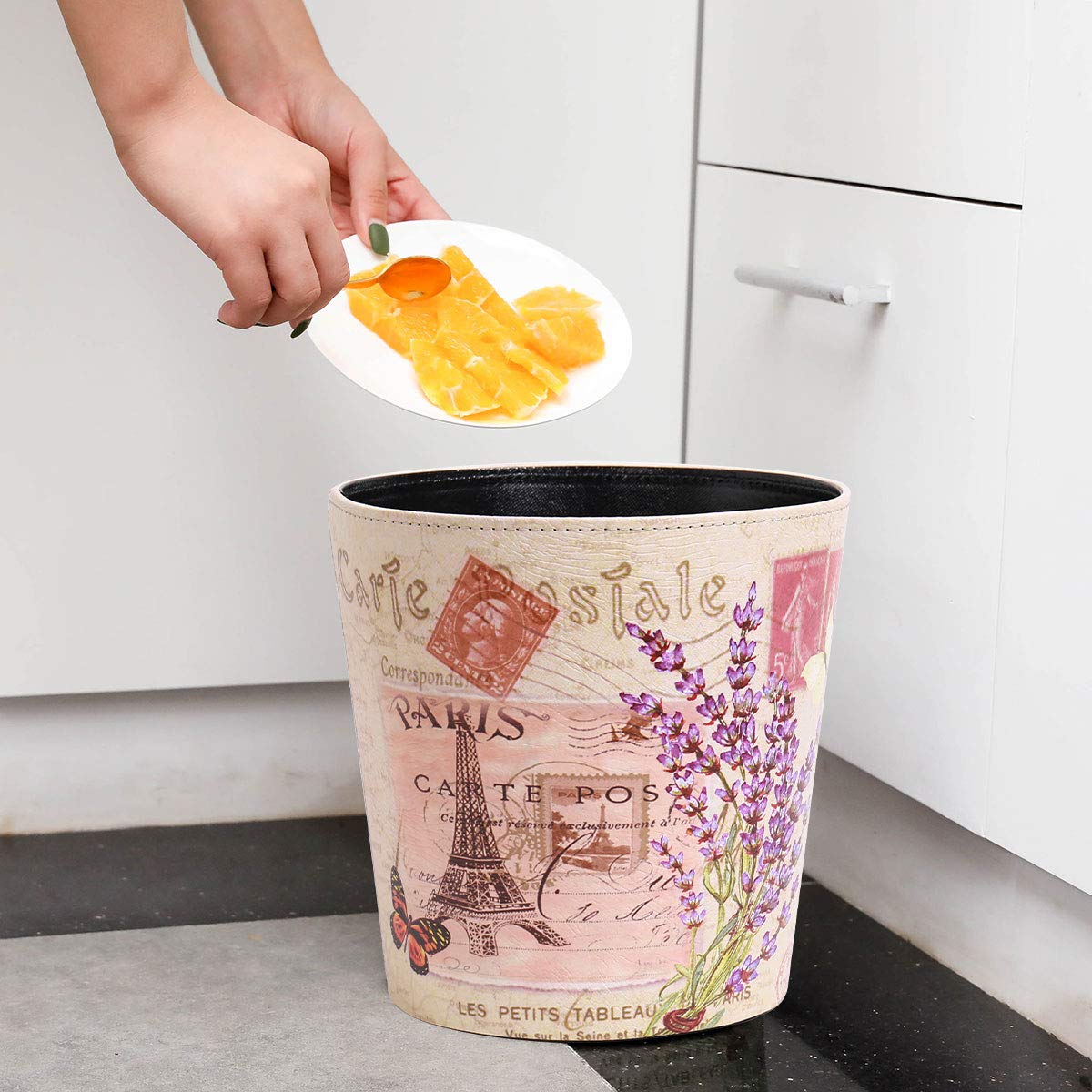 PU Leather Small Trash Can Wastebasket, Round Garbage Container Basket for Bathrooms, Laundry Room, Kitchens, Offices, Kids Rooms, Bedrooms,Dorms,Home Decorative Art Bin, 2.9 Gallon(Lavender Design)