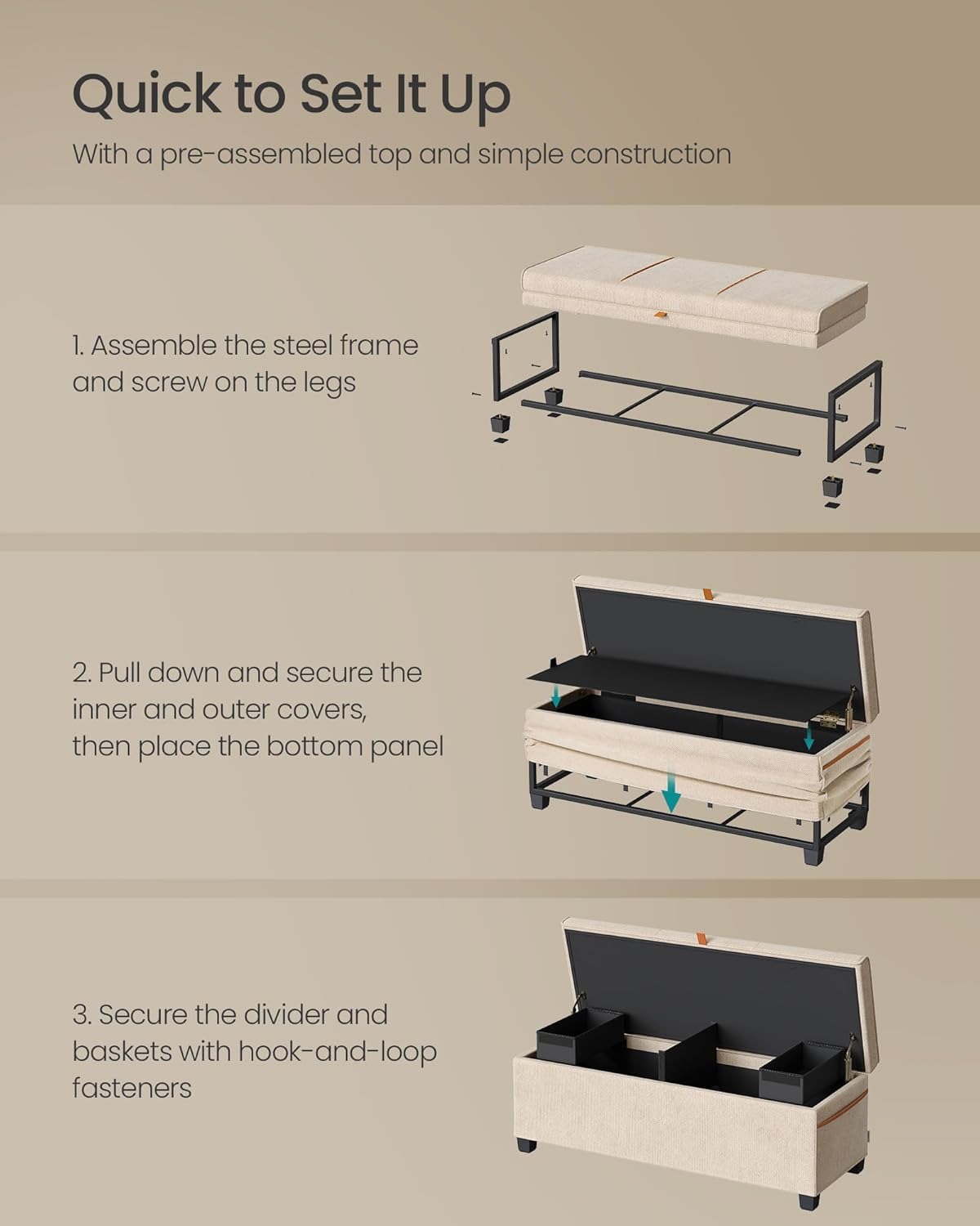 SONGMICS Storage Ottoman Bench, Storage Chest, 15.7 x 43.3 x 15.7 Inches, End of Bed Bench, 27 Gal. (103 L), for Bedroom, Entryway, Living Room, Cappuccino Beige ULSF533L01