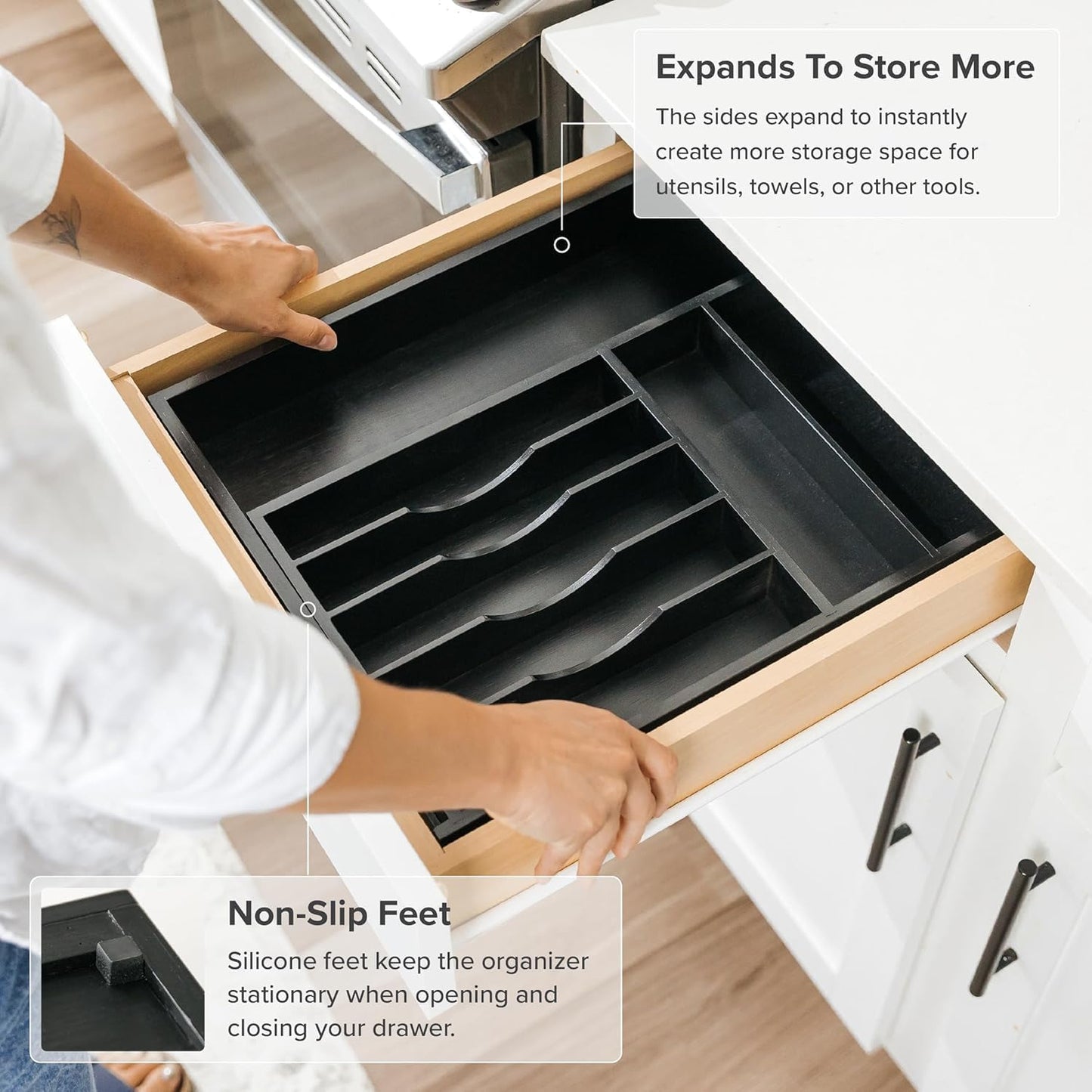 KitchenEdge Premium Silverware, Flatware and Utensil Organizer for Kitchen Drawers, Food-Safe Contract Grade, Expandable from 10.5 to 19 In, Black Bamboo