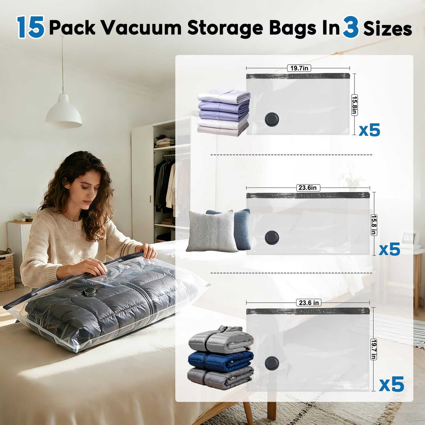 Mapambo Travel Vacuum Bags with -60000Pa LED Pump, 15 Pack Vacuum Seal Bags for Clothing Travel in
