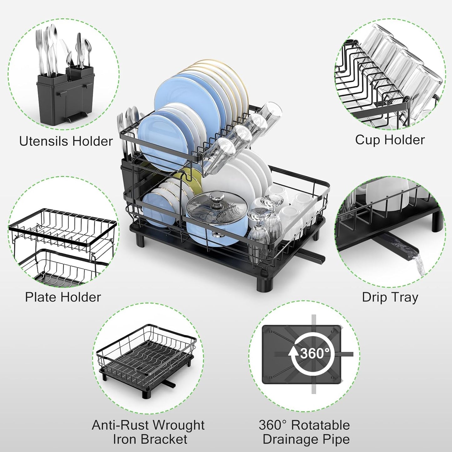 Dish Drying Rack, Large 2 Tier Stainless Steel Dish Rack for Kitchen Counter with a Drainboard, Cutlery, Cup Holder, Kitchen Organizers and Storage Rack, 17" L x 13" W, Black