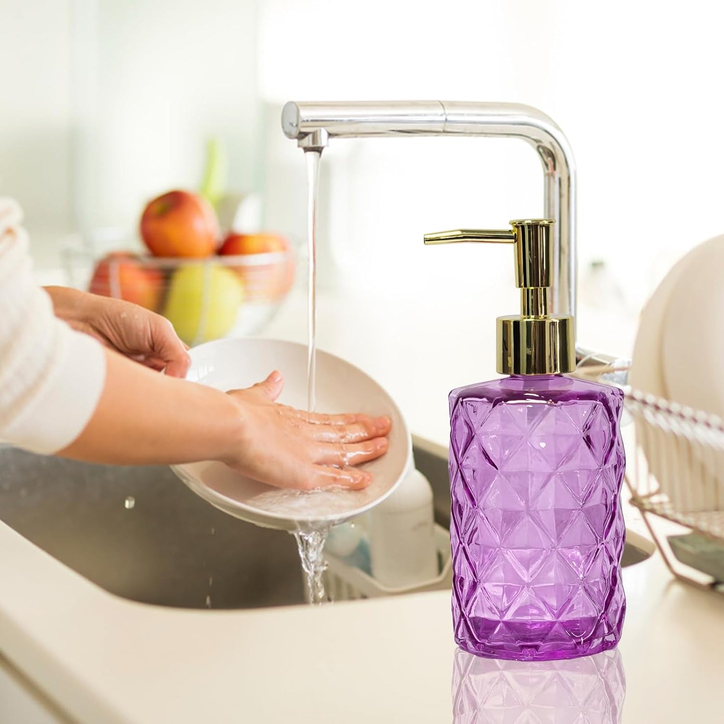 Glass Soap Dispenser with Gold Plastic Pump, 12oz Refillable Liquid Hand Soap Dispenser, Crystal Lotion Bottle for Modern Home Decor, Bathroom, Kitchen Countertop, Hotel(Rosy)