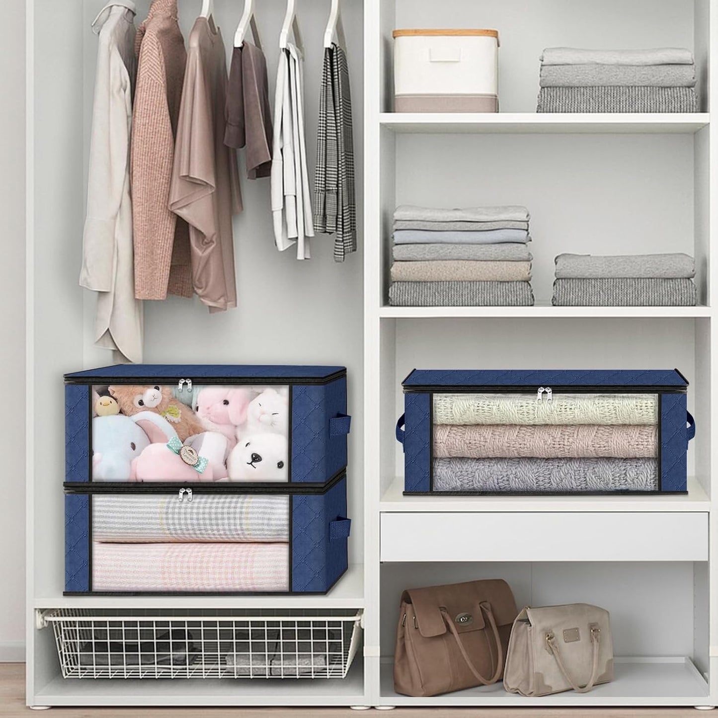 HomeHacks Storage 3-Pack Clothes Organizer Storage Bags Foldable Storage Box with Large Clear Window Sturdy Handles for Closet, Dorm, Pillows, Bedding, Clothes, Blankets, 35L, Blue