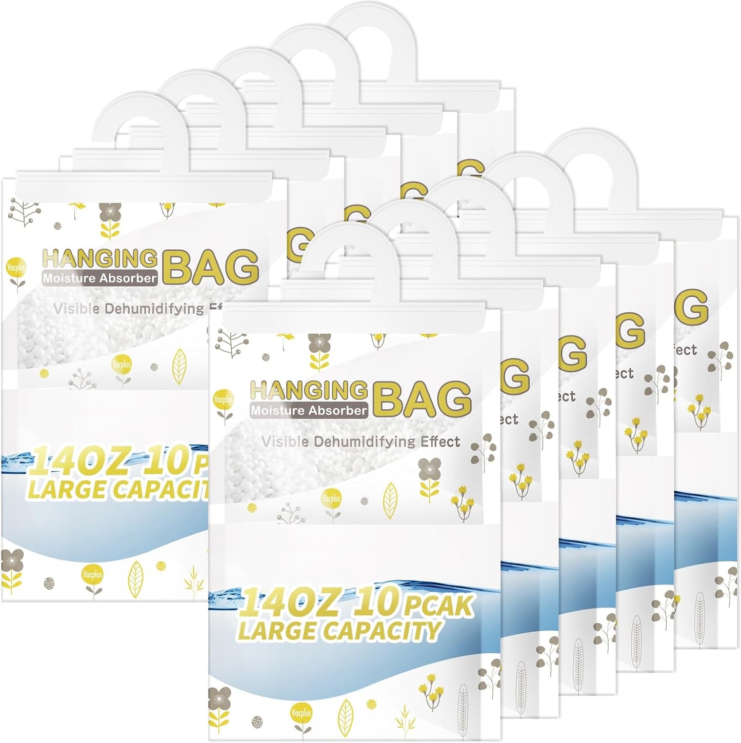 Vacplus Moisture Absorbers, Hanging Closet Dehumidifier Bags, Humidity Packs, Desiccant, Closet Dehumidifiers with Fragrance Free, 10 Pack, 14.0 OZ