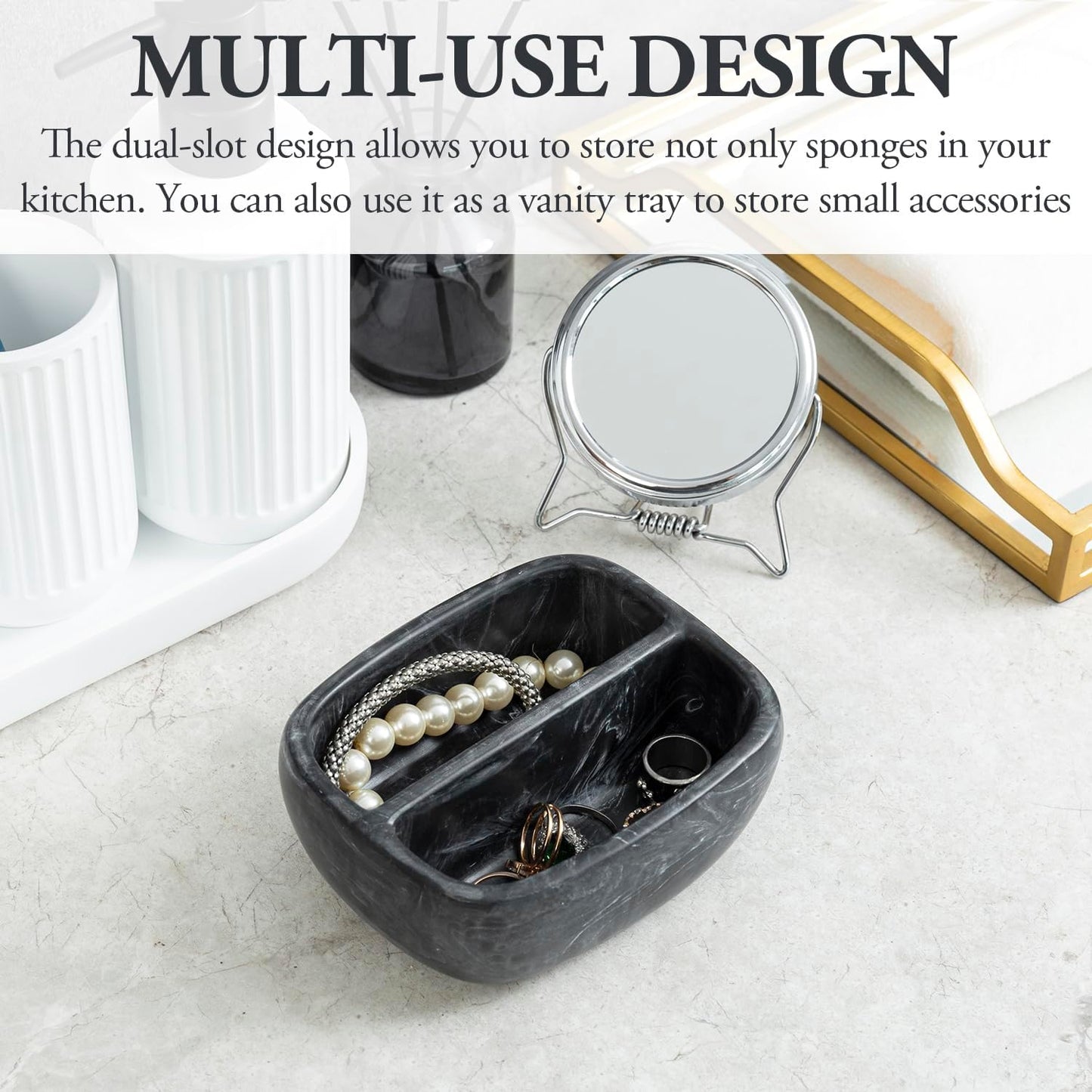 MyGift Modern Black Resin Double Sponge Holder with Realistic Marble Pattern for Kitchen Sink Countertop, Dish Cleaning Sponges or Scrubbing Pads Bowl with 2 Compartments