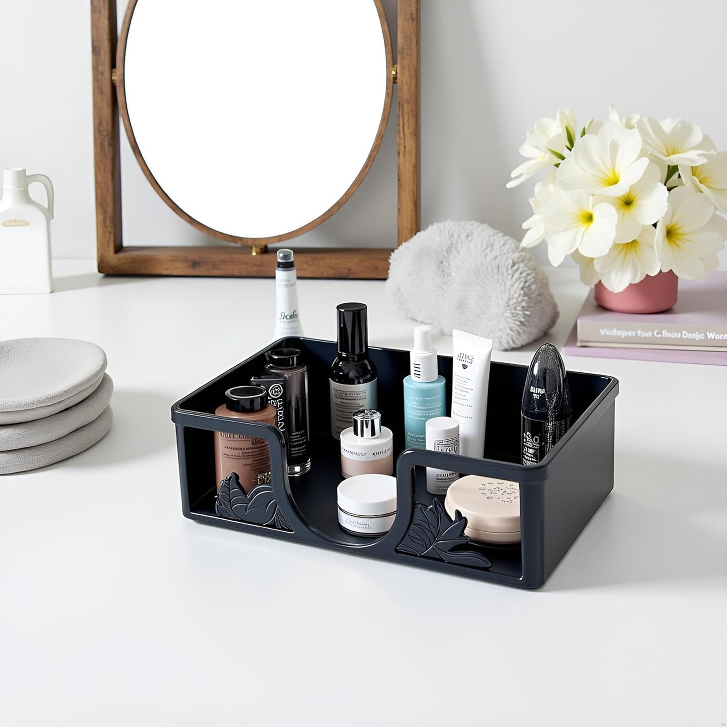 Metal Napkin Holder for Bathroom and Kitchen - Black Floral Design Disposable Hand Towel Holder Tray, Guest Towel Organizer for Countertop, Paper Napkin and Towel Dispenser(Black)