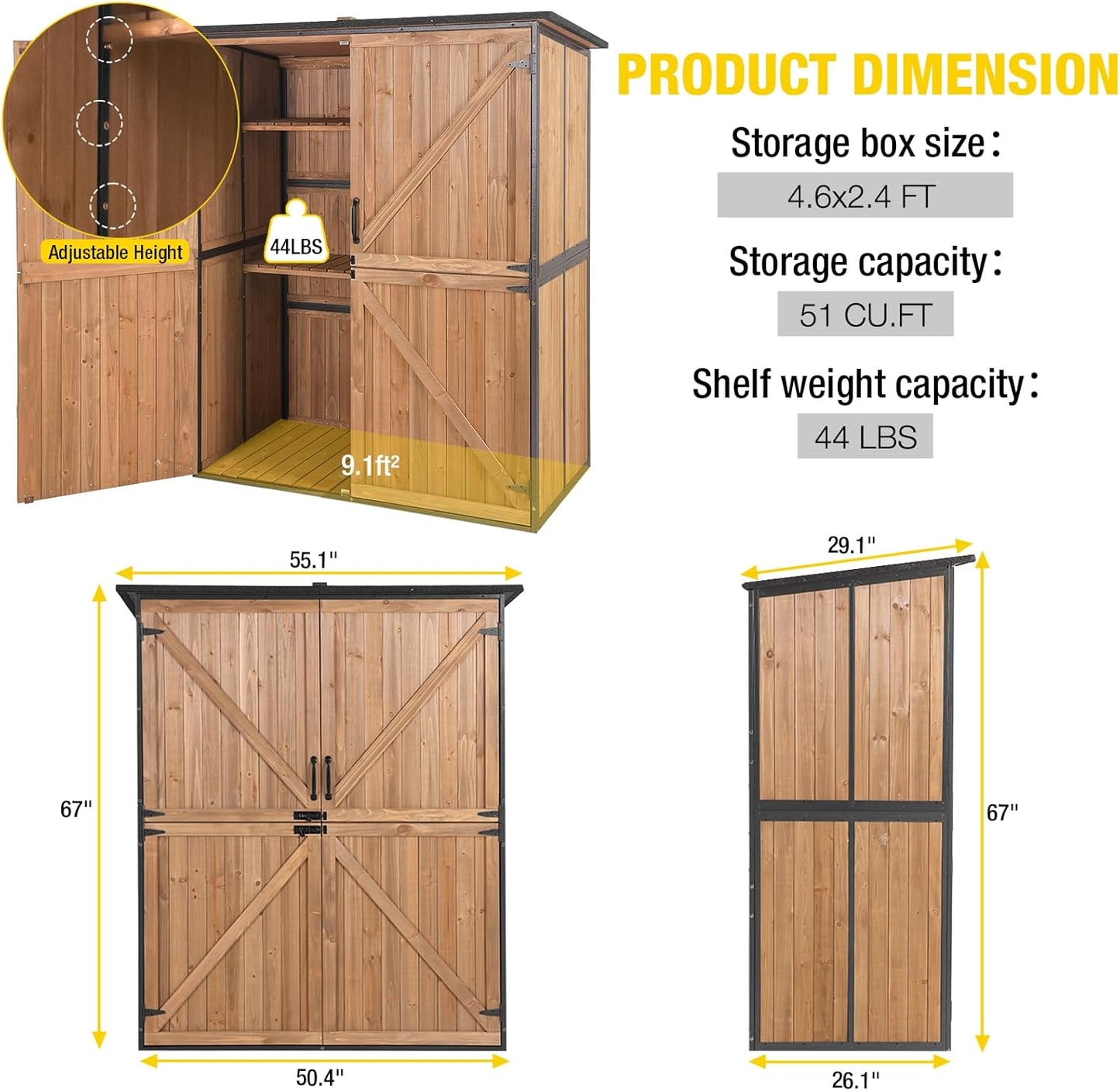 Aivituvin Outdoor Storage Shed Upgraded with Strong Metal Frame Garden Tool Shed Storage House Cabinet with Adjustable Shelfs and Wooden Floor 4.6 x 2.42FT (Brown)