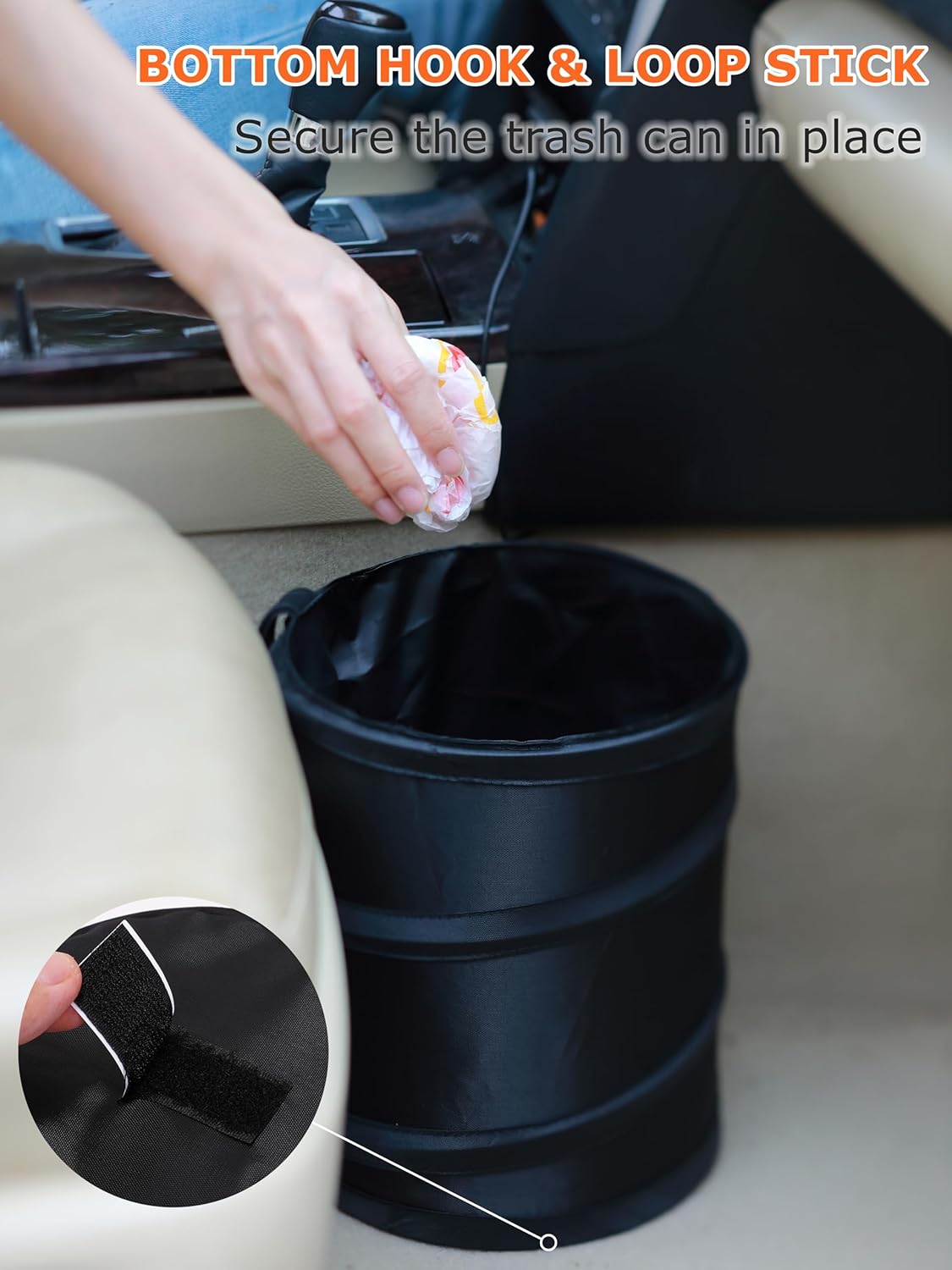 Ginsco 2 Gallons New Leakproof Car Trash Can, Compact Trash Can Pop-up Collapsible Hanging Car Trash Bin with Hook and Loop, Waterproof PEVA Liner Open-Top Garbage Can for Cars Home Office