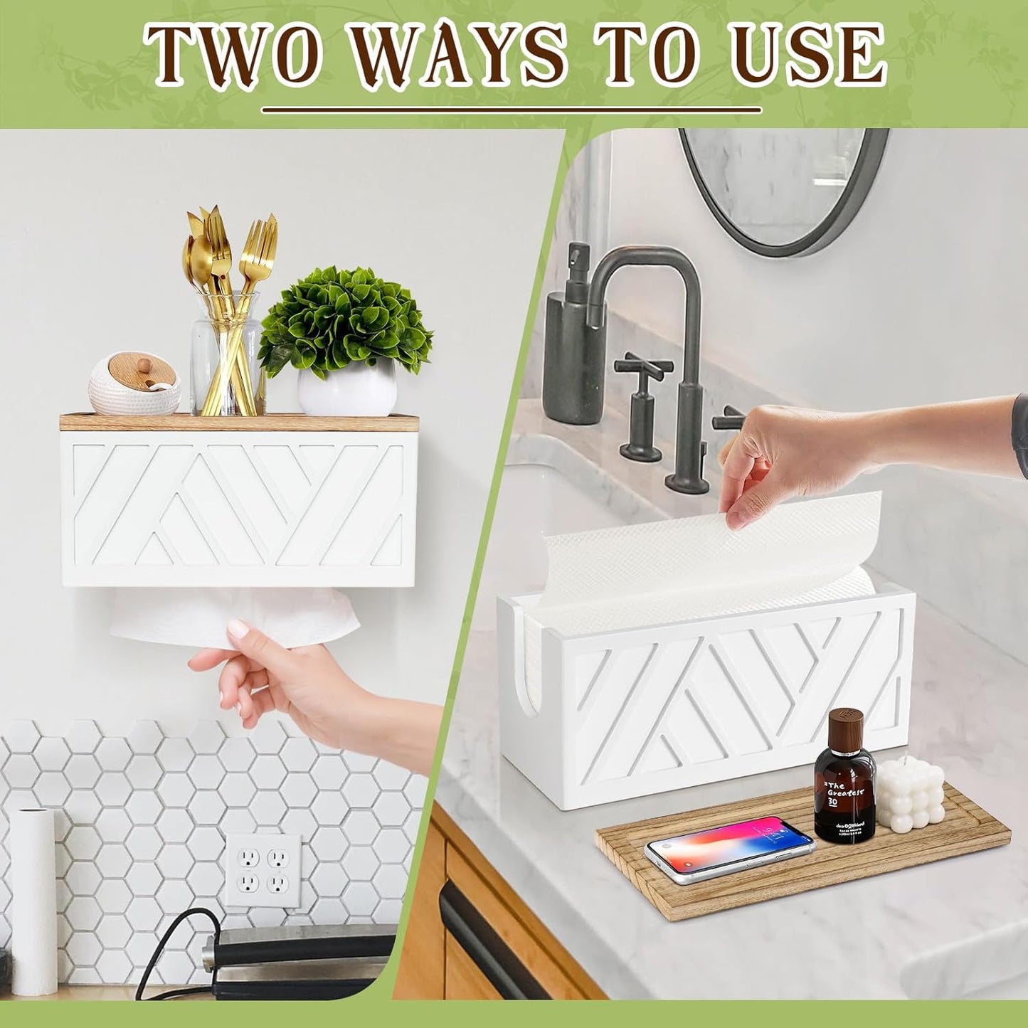 Set of 2 Paper Towel Dispenser Wall Mount, Paper Towel Holder Wall Mounted with Lid, Solid Wood Commercial C-Fold, Z-Fold, Trifold Hand Paper Towel Holder Hand Towel Holder for Bathroom Kitchen Decor