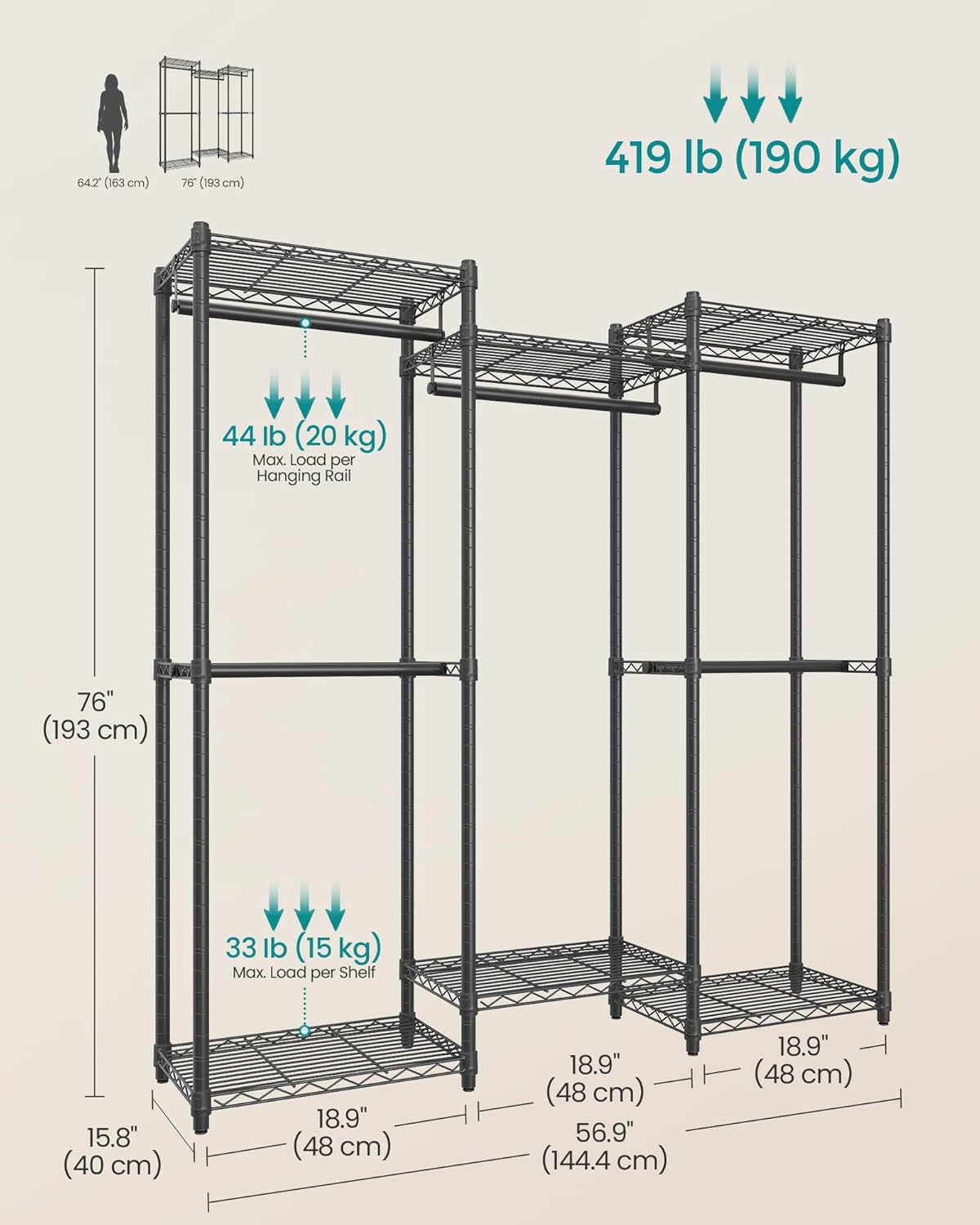 SONGMICS Heavy-Duty Clothes Rack, Garment Rack, Portable Closet, 56.9-Inch Wide Clothing Rack, with Adjustable Mesh Shelves and Hanging Rails, Ink Black ULGR432B01