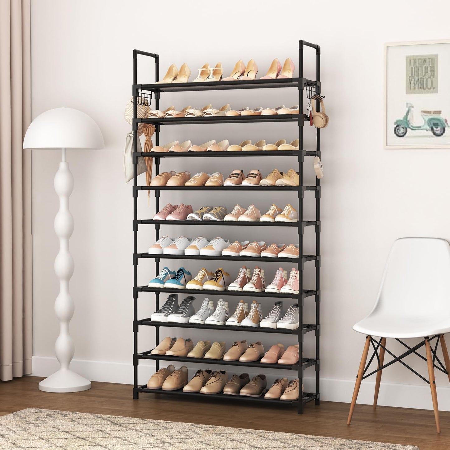 VTRIN 10 Tier Shoe Rack Tall Large Capacity Wide Shoe Organizer with Two Hooks Sturdy Metal Shoe