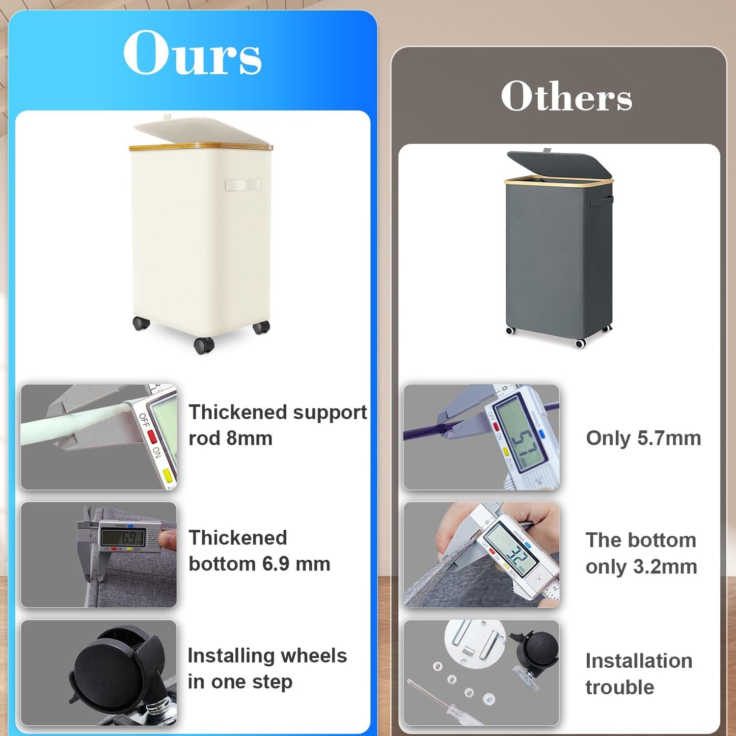 Laundry Hamper with Wheels,20 Gal (75L) Laundry Basket with lid Rolling Clothes Hamper Foldable Dirty Clothes Basket on wheels with Bamboo Frame and Bag for Bedroom, Dorm, Laundry Room-Off White