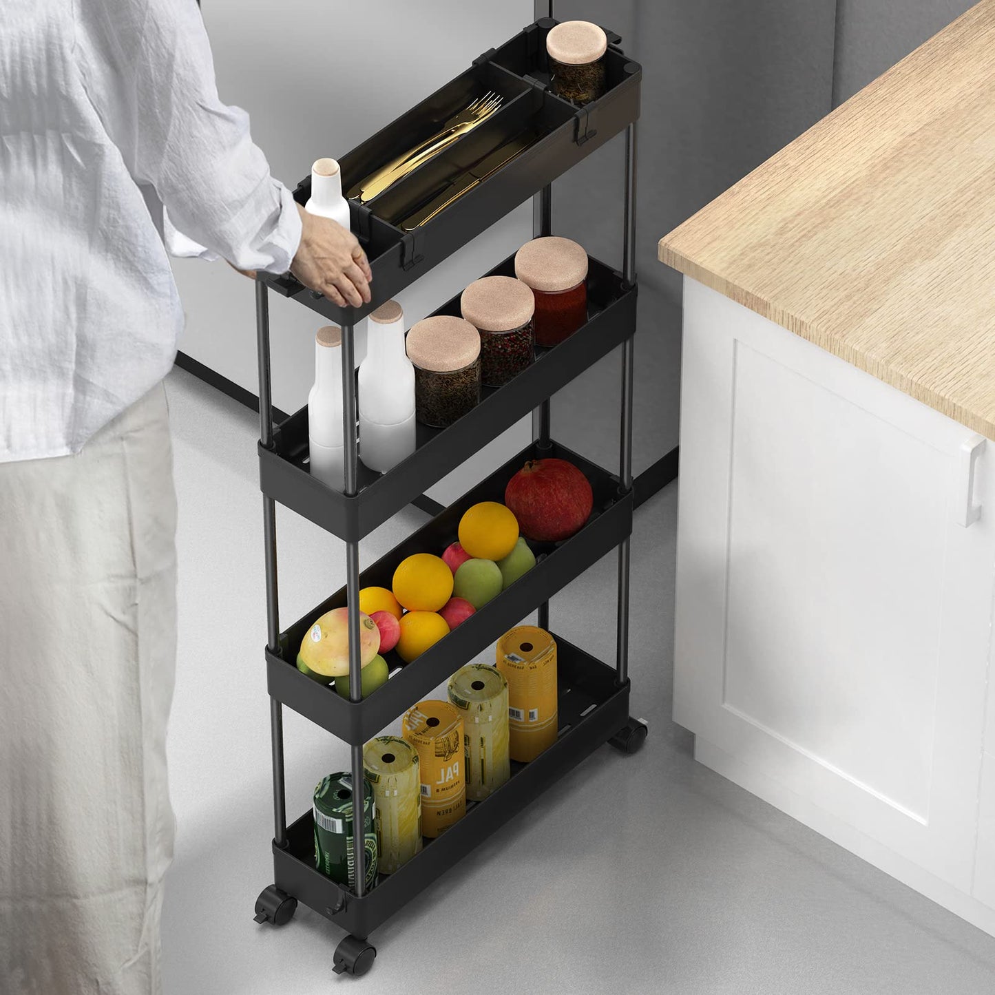 SPACELEAD Slim Storage Cart 4 Tier,Bathroom Organizer Rolling Utility,Mobile Shelving Unit Slide