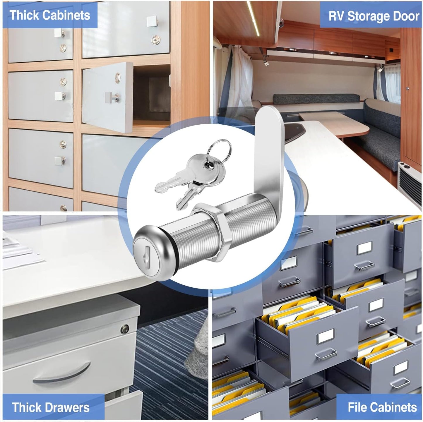 Cabinet Lock with Keys, 2" Extra-Long Cam Locks keyed Alike, 2 Pack Cabinet Cam Lock Set for Thick Drawers RV Storage Locks Tool Box Lock Replacement, Zinc Alloy (2 Pack, 2-1/8 Inch)