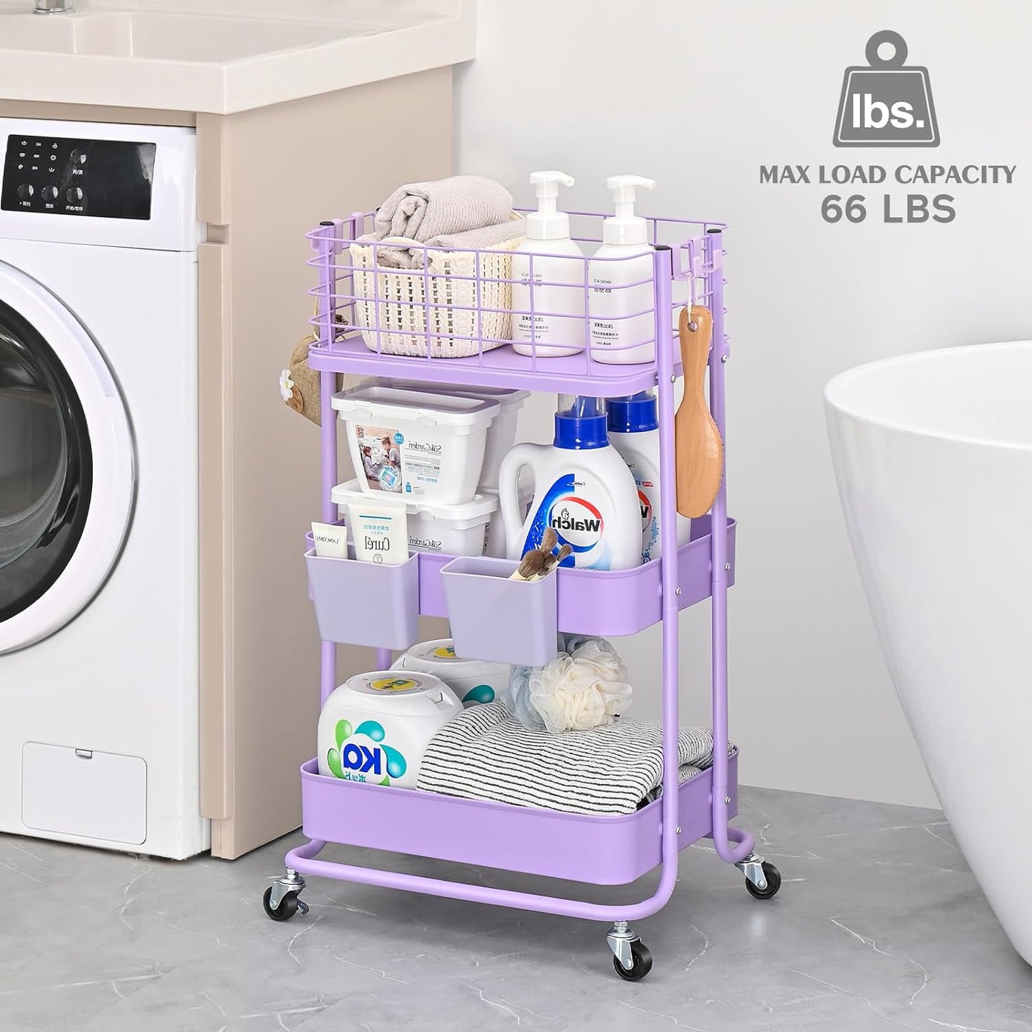 KINGRACK 3 Tier Rolling Cart, Metal Mobile Storage Shelf with Lockable Wheels, Prevent Falling Utility Trolley Cart, Storage Organizer for Kitchen, Office, Bathroom, Dorm, Purple