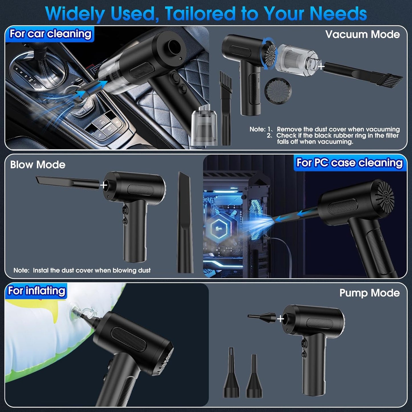 Compressed Air Duster, 100000RPM Handheld Car Vacuum/Air Blower& Pump, 3 Gear Adjustable Electric Air Duster/Car Vacuum Cleaner, Keyboard Duster with LED Light-10 Kits Air Blower for Computer(Black)