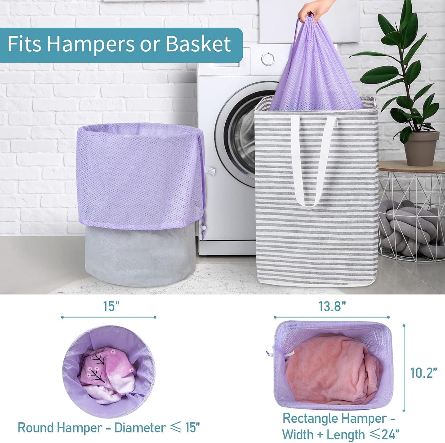 Polecasa Heavy Duty Diamond Large Mesh Laundry Bag with ID Tag and Locking Drawstring Closure - 24 x 36 inches - Laundry Hamper Liner, Washable Laundry Bags for Travel, Sports, Dorms (Purple)
