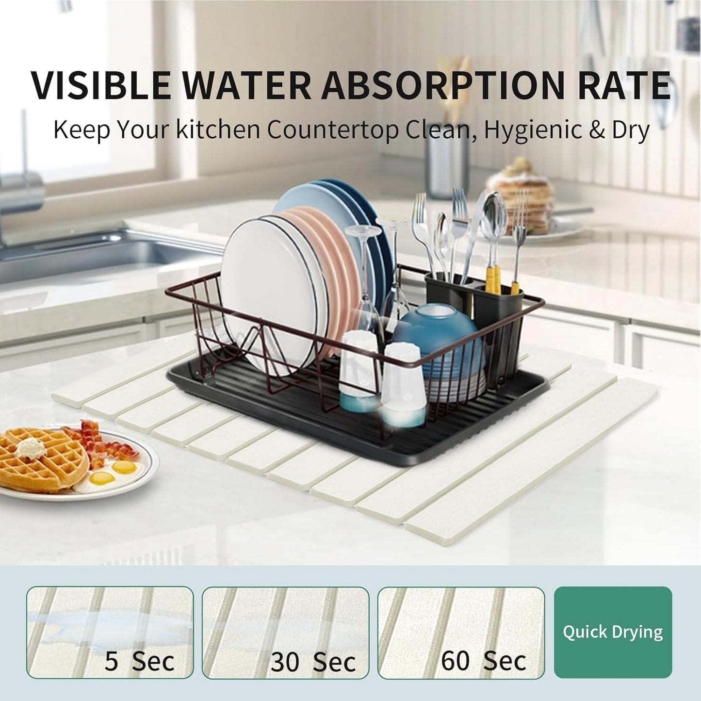 Stone Drying Mat for Kitchen Counter, Collapsible Dish Drying Mat, Fast Drying Diatomaceous Earth Dish Drying Mats, Water Absorbent Diatomite Kitchen Mat (white, small)