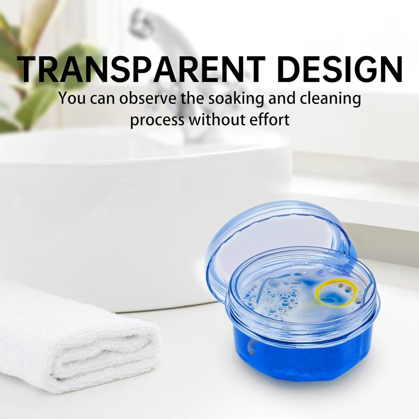 No Leak Partial Denture Case Retainer Bath Box Cup, Denture Soaking Cup False Teeth Holder Box Case with Strainer Basket and Brush - Transparent Blue