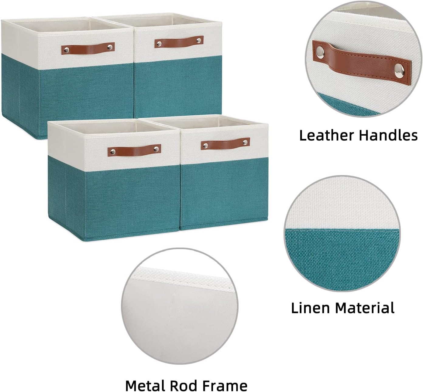 HNZIGE Fabric Storage Cube Bins Baskets for Organizing, 11 inch Cube Storage Bins, Set of 4, Collapsible Storage Bin with Handles, Closet Organizers and Storage Home Toy Nursery Bedroom(White Teal)