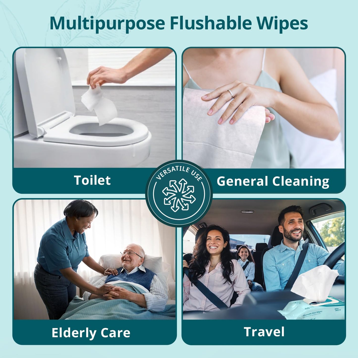 WhyWorry Flushable Wipes for Adults, Extra Large 8"x10" Butt Wipes for Personal Hygiene & Cleansing, with Chamomile and Vitamin E, 100% Plant-Based, Septic & Sewer Safe, Unscented, 48 Count