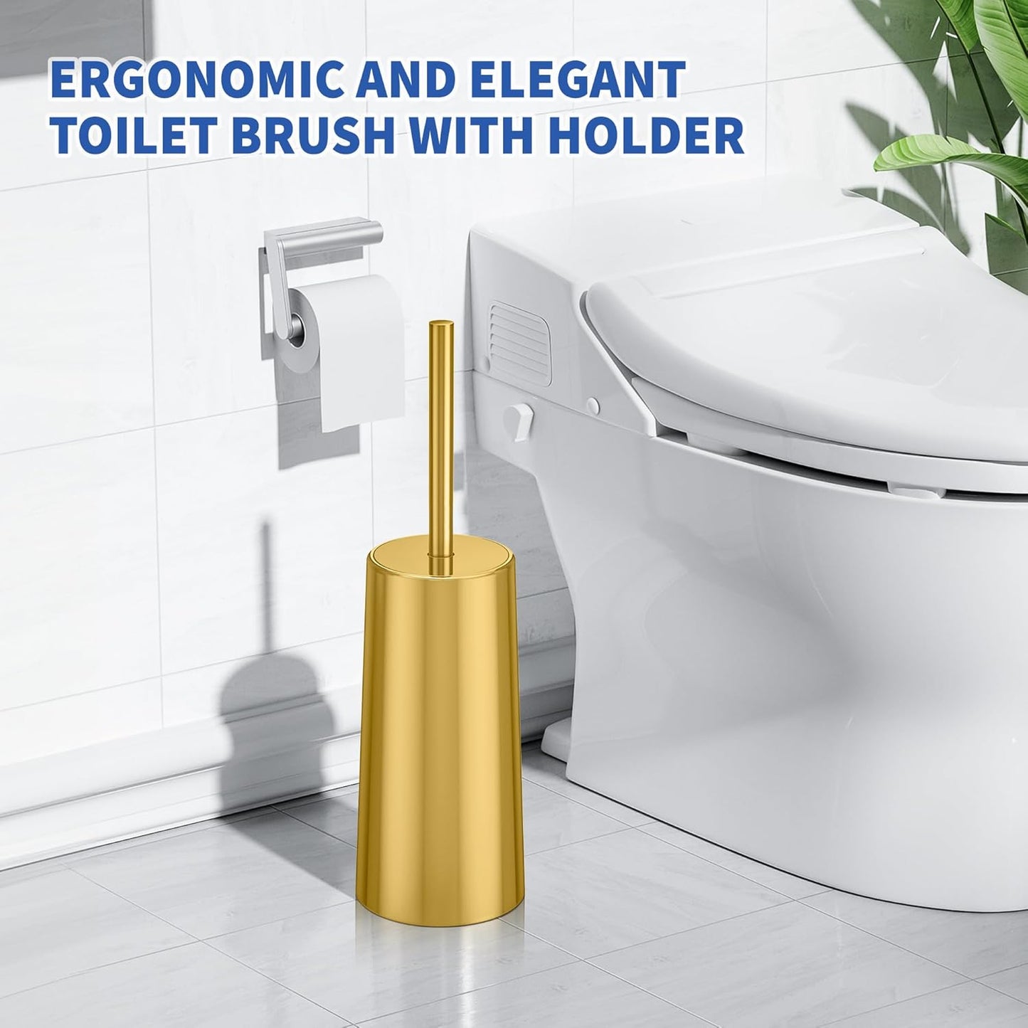 Toilet Brush and Holder, 2 Pack Toilet Brush Stainless Steel, Toilet Bowl Brush for Bathroom Toilet-Ergonomic, Elegant,Durable (Gold)