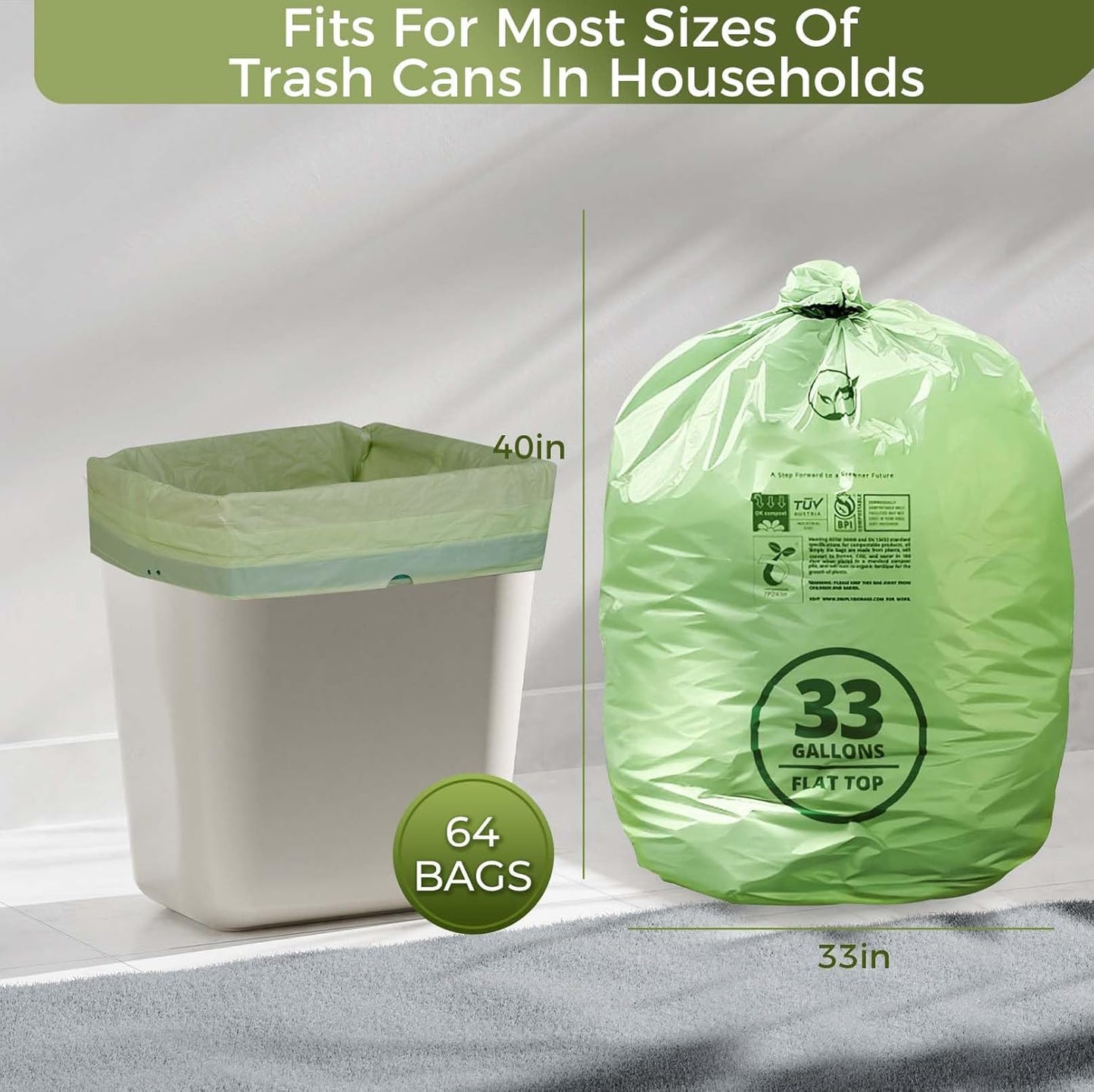 30-33 Gallon Compostable Trash Bags with Flat-Top, Heavy Duty Extra Thick 1.57 Mil, 124.92 Liter, 30 Bags, Large Lawn and Yard Waste Bag, ASTM D6400, US BPI and OK Compost Home Certified