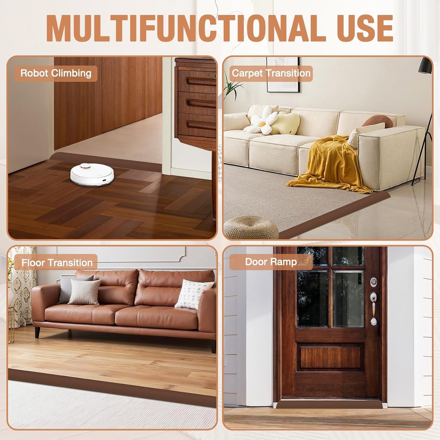 Floor Transition Strip Self Adhesive Vinyl Door Threshold for Doorways Carpet Edging Trim Overlap Edge Reducer for Laminate Floor, Carpet, Tile (Brown, 3/5" to 4/5", 3.3Ft)