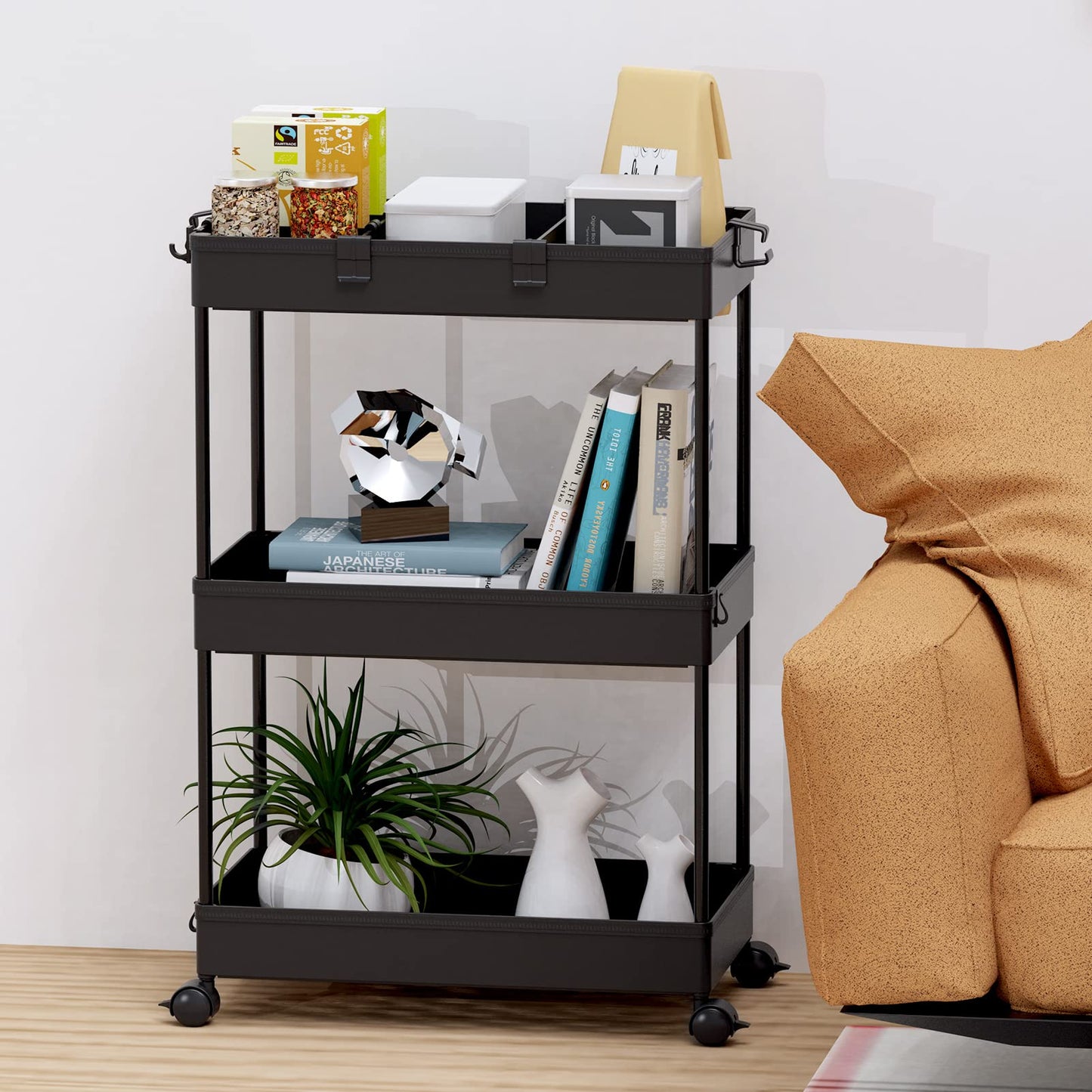 SPACELEAD 3 Tier Rolling Cart with Wheels, Storage Craft Art Trolley Organizer Serving, 3 Hanging
