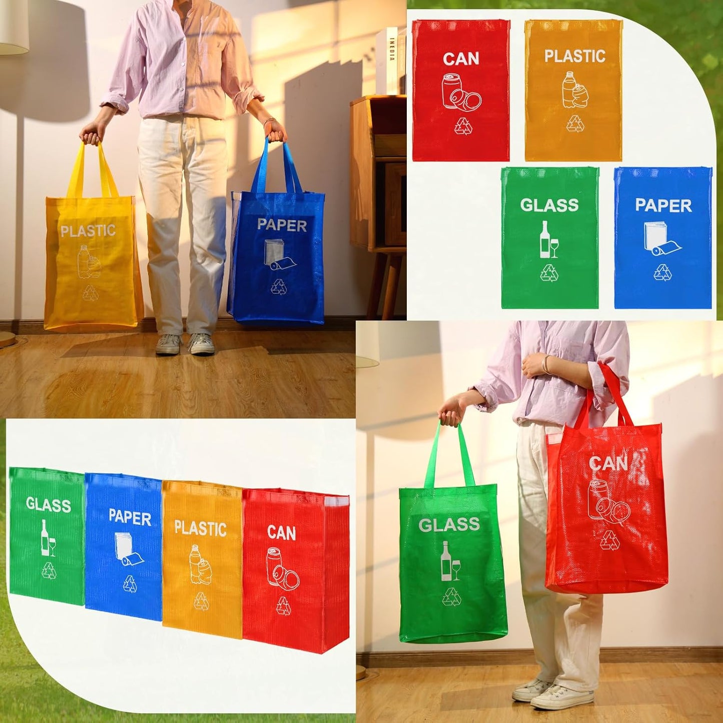 4 Pcs Recycling Bin Bags Separate Recycle Bin Waterproof Waste Baskets Recyclable Waste Trash Sorting Organizer for Home Office Kitchen, Battery, Can, Paper, Plastic and Glass