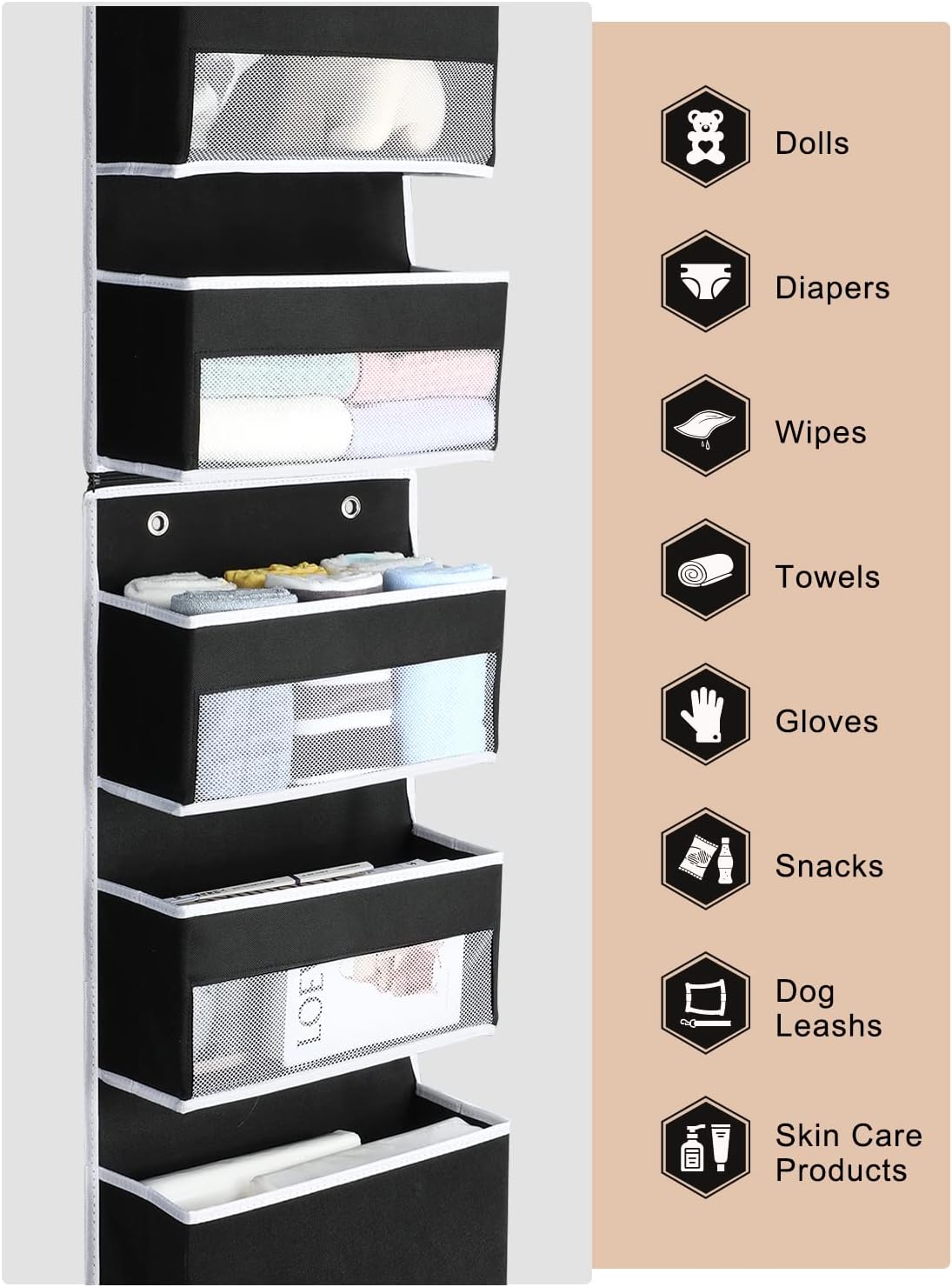 Yecaye 6-Tier Over The Door Storage Organizer, Flexible 1 Split into 2 Swing-Proof Hanging Bathroom Organizer, Bedroom Organizers and Storage for Newborn Baby Essentials, Black