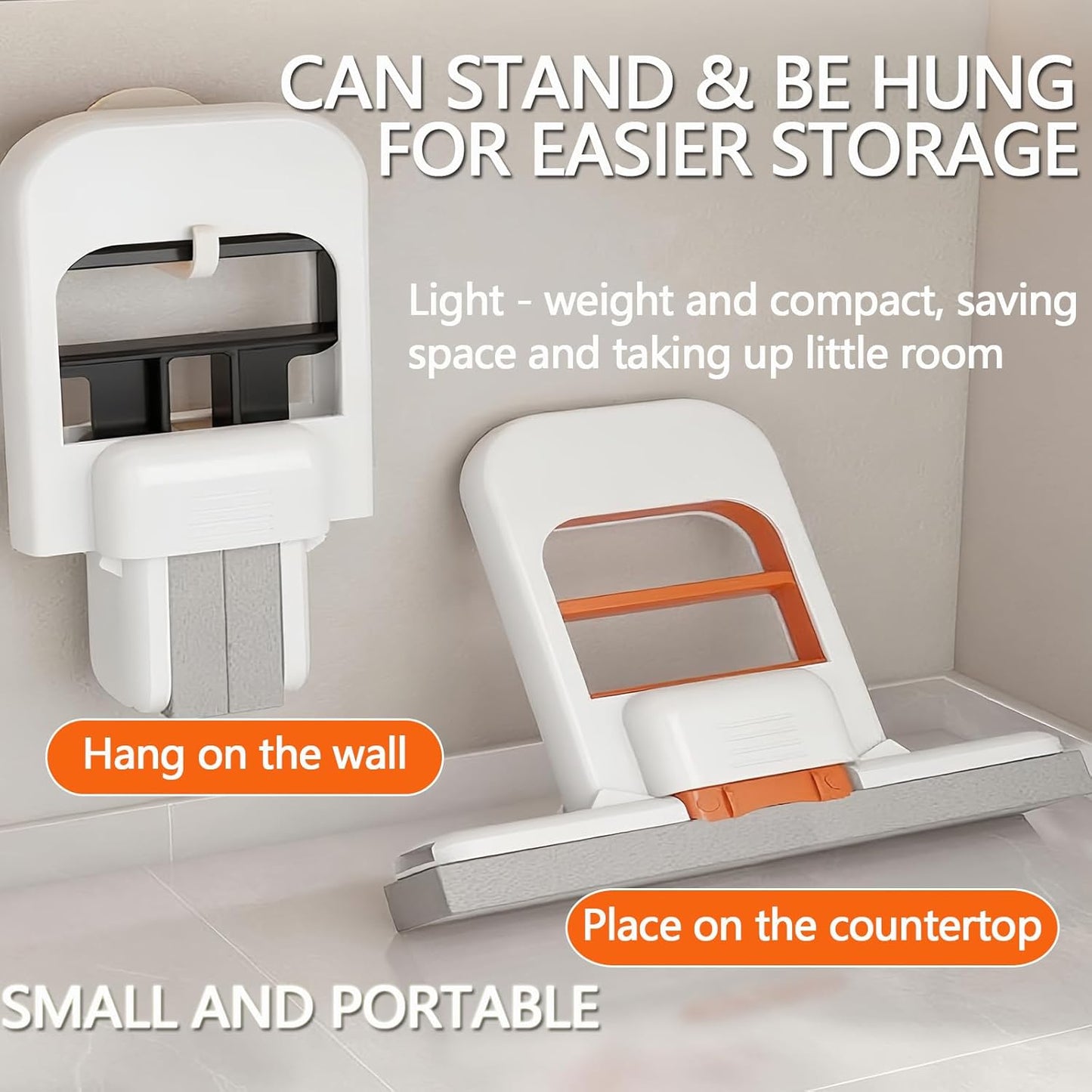 Mini Foldable Desktop Mop, Portable Cleaning Sponge Mop Self-Squeeze Sponge Cleaning Tool for Wet Dry Use on Kitchen Countertops Glass Bathroom Car (Orange & Gray)