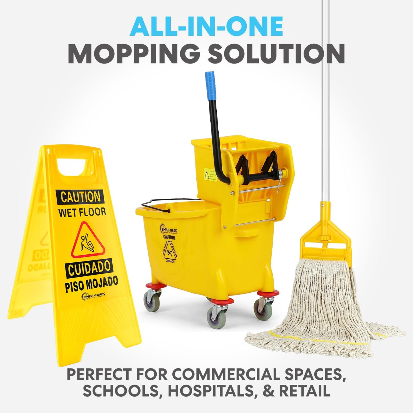 Simpli-Magic Side Press Wringer Combo Commercial Mop Bucket on Wheels, 35 Quart,Yellow, Including