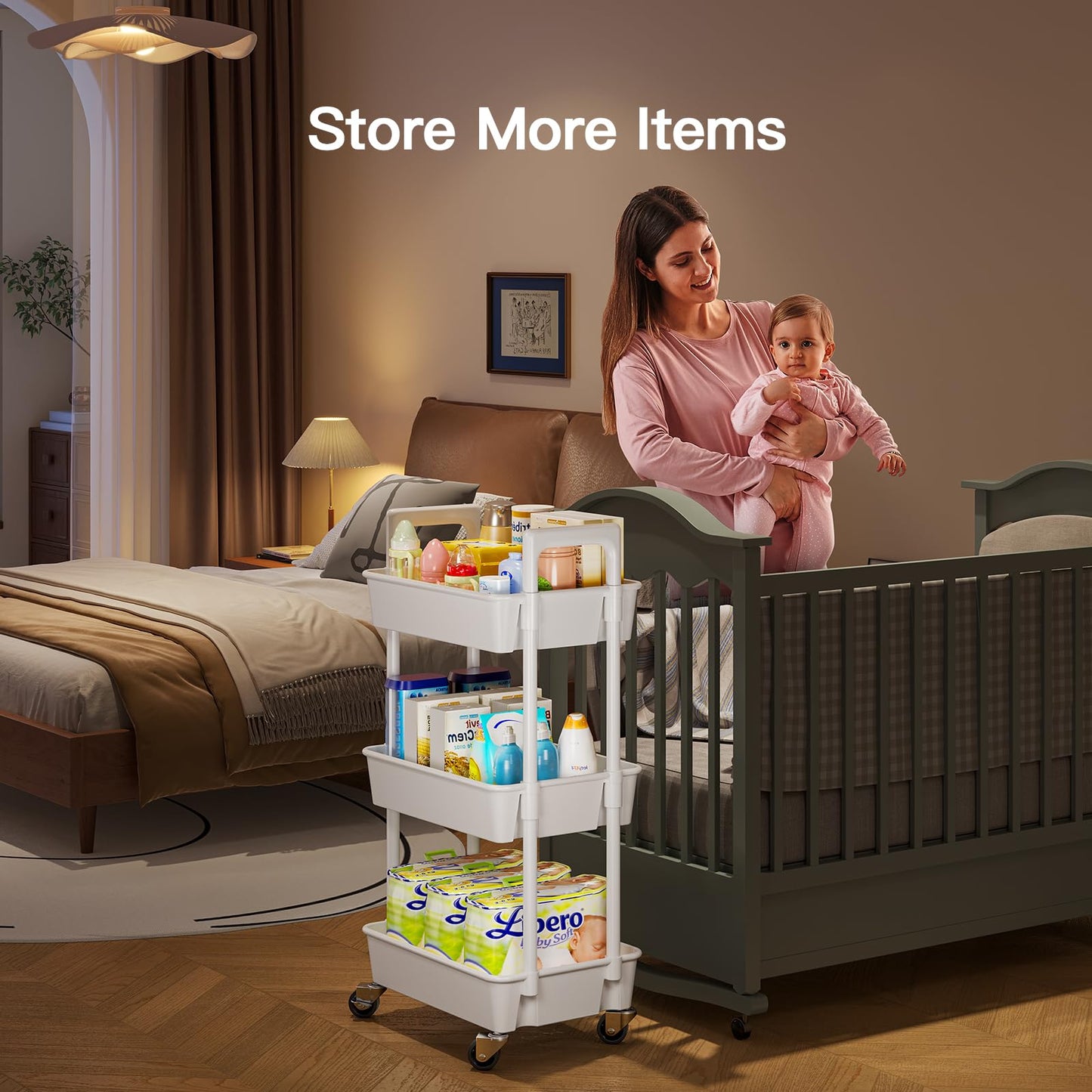 Pipishell 3 Tier Rolling Cart Organizer, Plastic Rolling Cart with Lockable Wheels & Reinforced