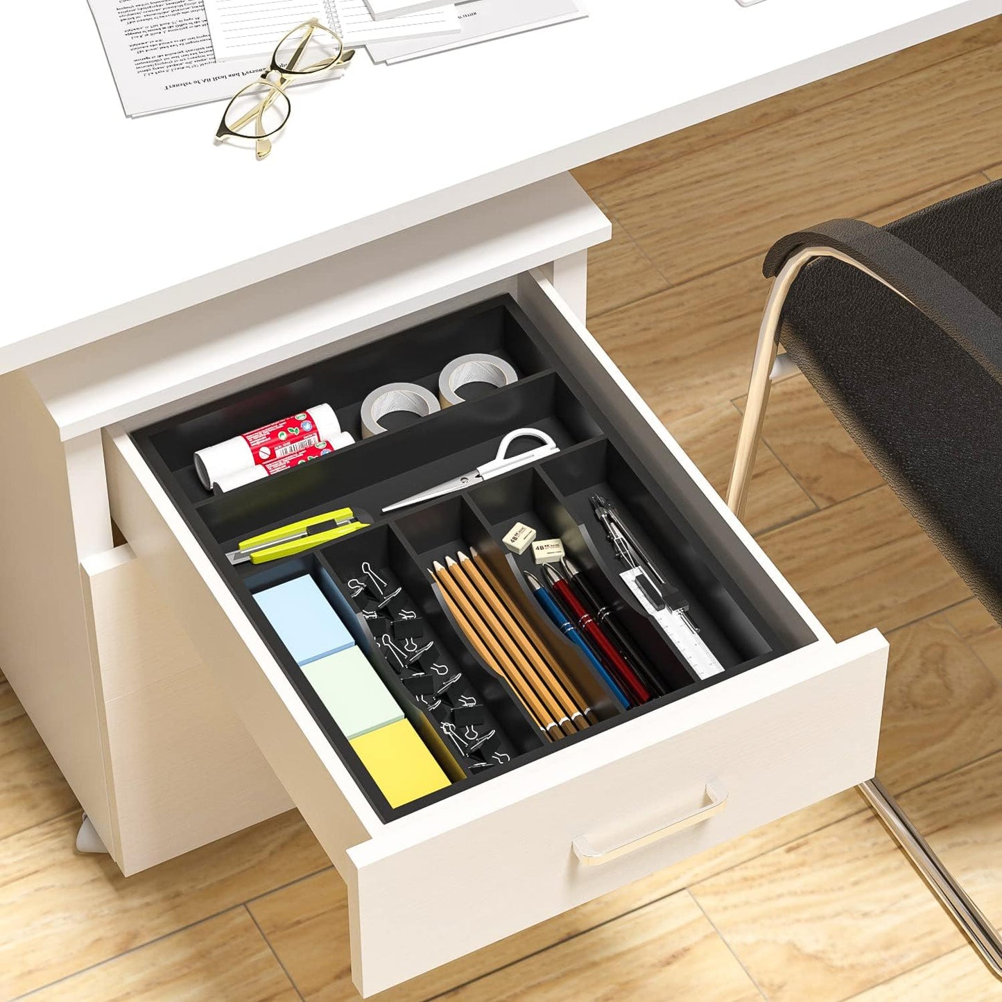 Utensil Organizer Silverware Drawer Organizer - 7 Slots Bamboo Silverware Tray For Kitchen Cutlery Office Supplies Makeup Desk Storage Garage Tool Organization W13”x L17” (Black)