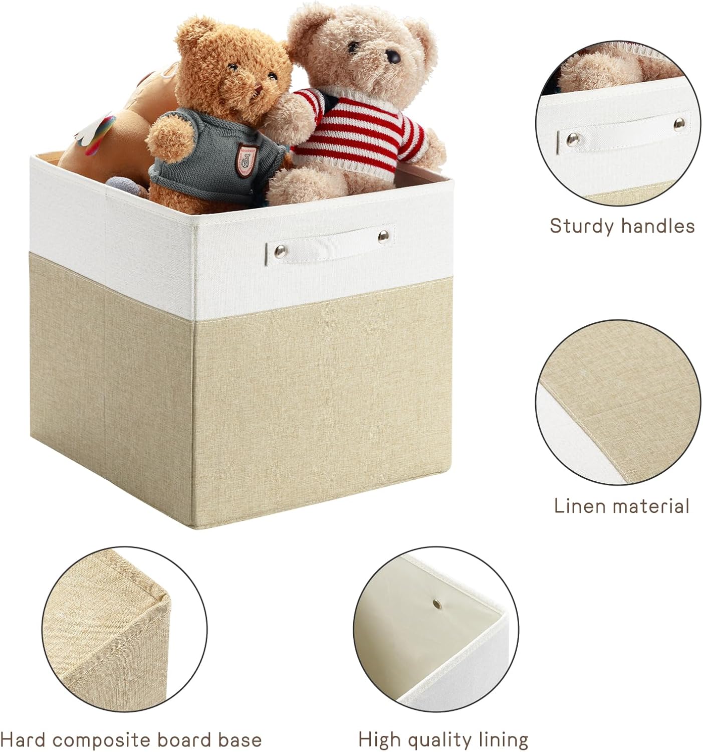 13 x 13 Inch Fine Linen Storage Bins with Handles,Fabric Cube Boxs,Collapsible Basket Organizers for Shelves for Home, Closet Drawers (White/Khaki-4 Pack)