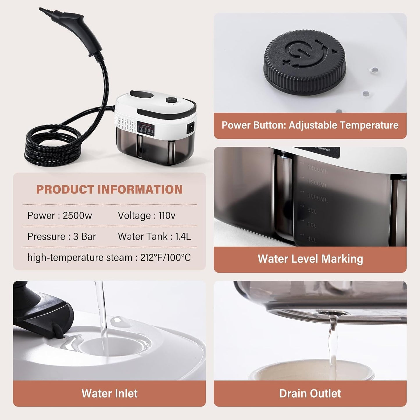 Lamberia 2500W Handheld Pressurized Steam Cleaner with 12pcs Accessories, 1400ml 1.5 Quarts Tank, 3-Level Adjustable Portable Steamer, 15s Heat-Up Steam Cleaner for Home, Car, Kitchen(White, US Plug)