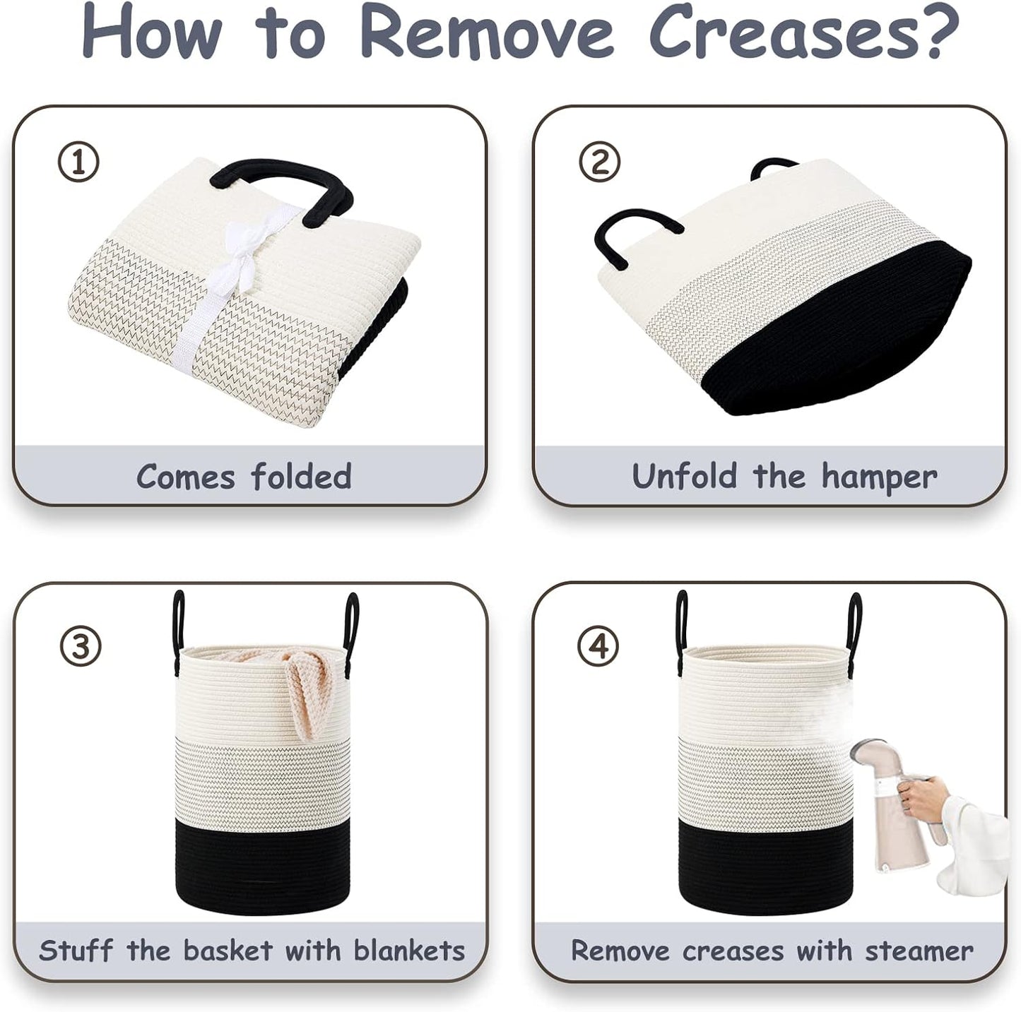 VIPOSCO Large Laundry Hamper, Tall Woven Rope Storage Basket for Blanket, Toys, Dirty Clothes in Living Room, Bathroom, Bedroom - 72L White & Black