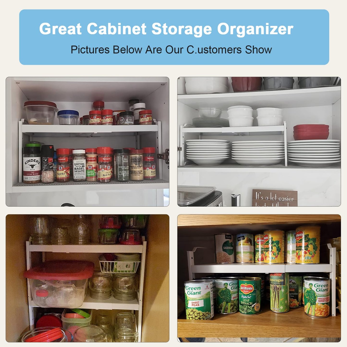 Set of 2 Expandable Kitchen Cabinet Shelves Organizers, Stackable Adjustable Small Storage Shelf
