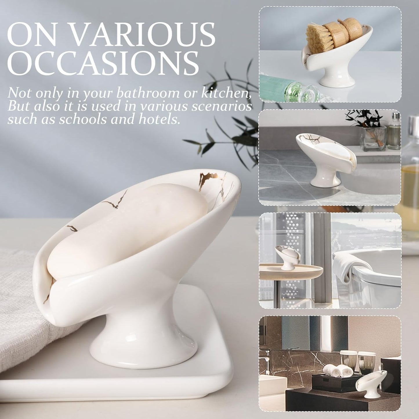 Soap Dish, Soap Holder Self Draining Leaf Shape Soap Dishes, Ceramic Drain Soap Dish for Sink Bathroom Shower Kitchen, Easy to Clean Keeps Soap Dry, Cream White & Gold Marble Pattern, ANTIS'S HOME