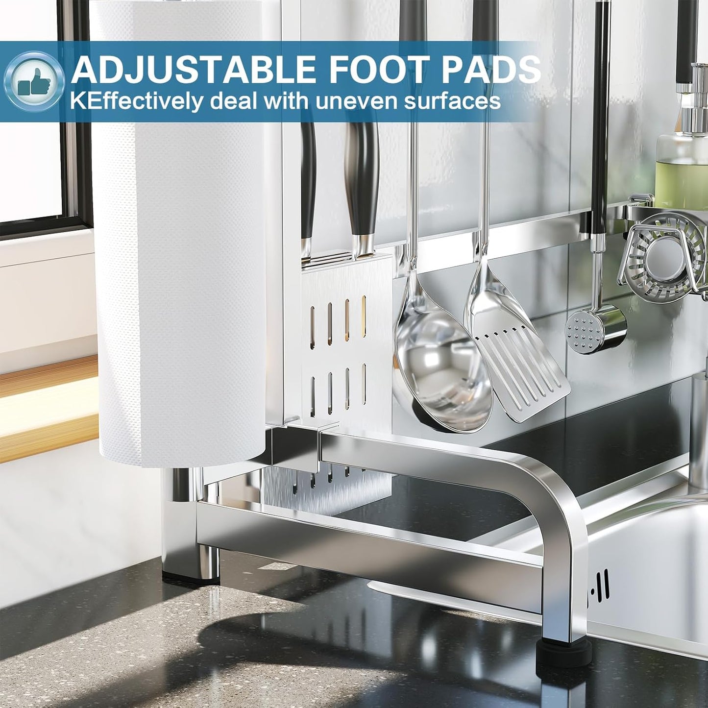 Over The Sink Dish Drying Rack,3 Tier Adjustable Length Full Stainless Steel Large Storage Kitchen Dish Rack,for Kitchen Counter Expandable Multifunctional Organizers,Silver (25.98-37.6")