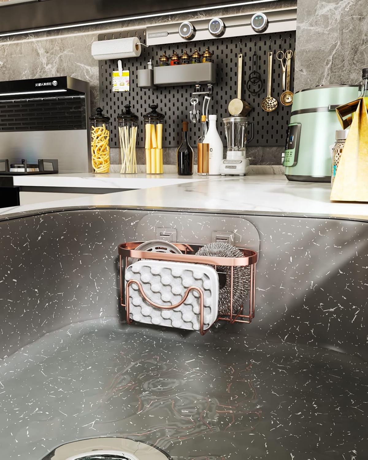 HapiRm Multifunctional Sink Sponge Holder with Unique M-Shaped, 2 Installation Ways Kitchen Sink Caddy, Stainless Steel Kitchen Organizer for Sponge, Brush and Scraper - Rose Gold