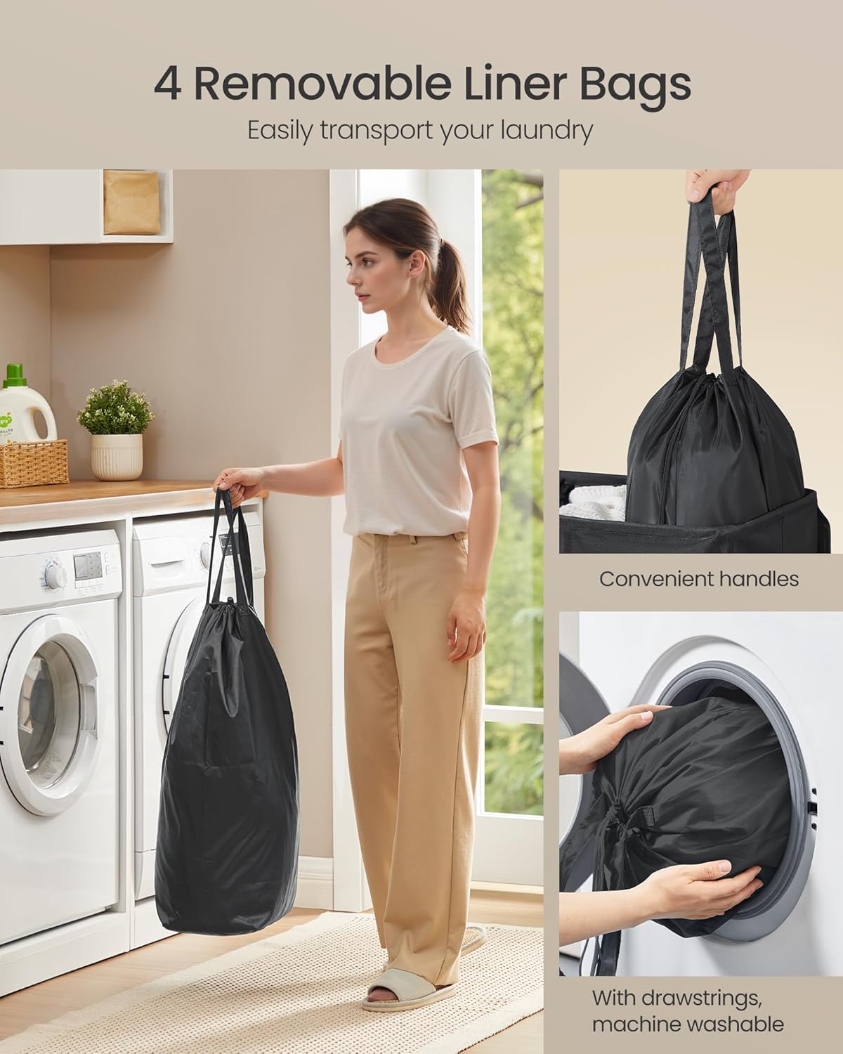 SONGMICS 55.4 Gallon (210 L) Laundry Hamper, 4-Compartment Laundry Basket Sorter with Lid, Labels, Removable Liner Bags, for Bedroom, Ink Black URLH014B01