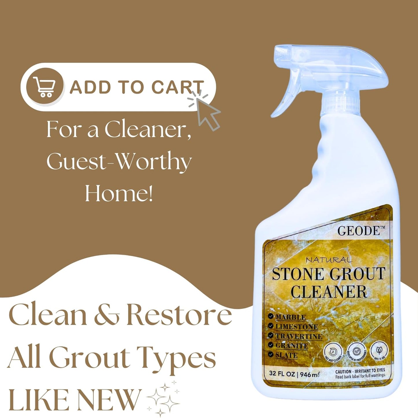 Natural Stone Grout Cleaner, Safe for Marble, Travertine, Limestone, Tile Spray on Grout Cleaner. (32 oz.)