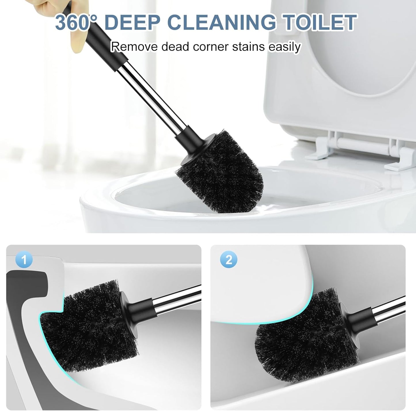 SetSail Toilet Brush and Holder 3 Pack, Self Closing Lid Toilet Bowl Brushes Holder Extra Long Handle Ventilated Toilet Brush Set for Bathroom Cleaning, Nylon Bristles, Black