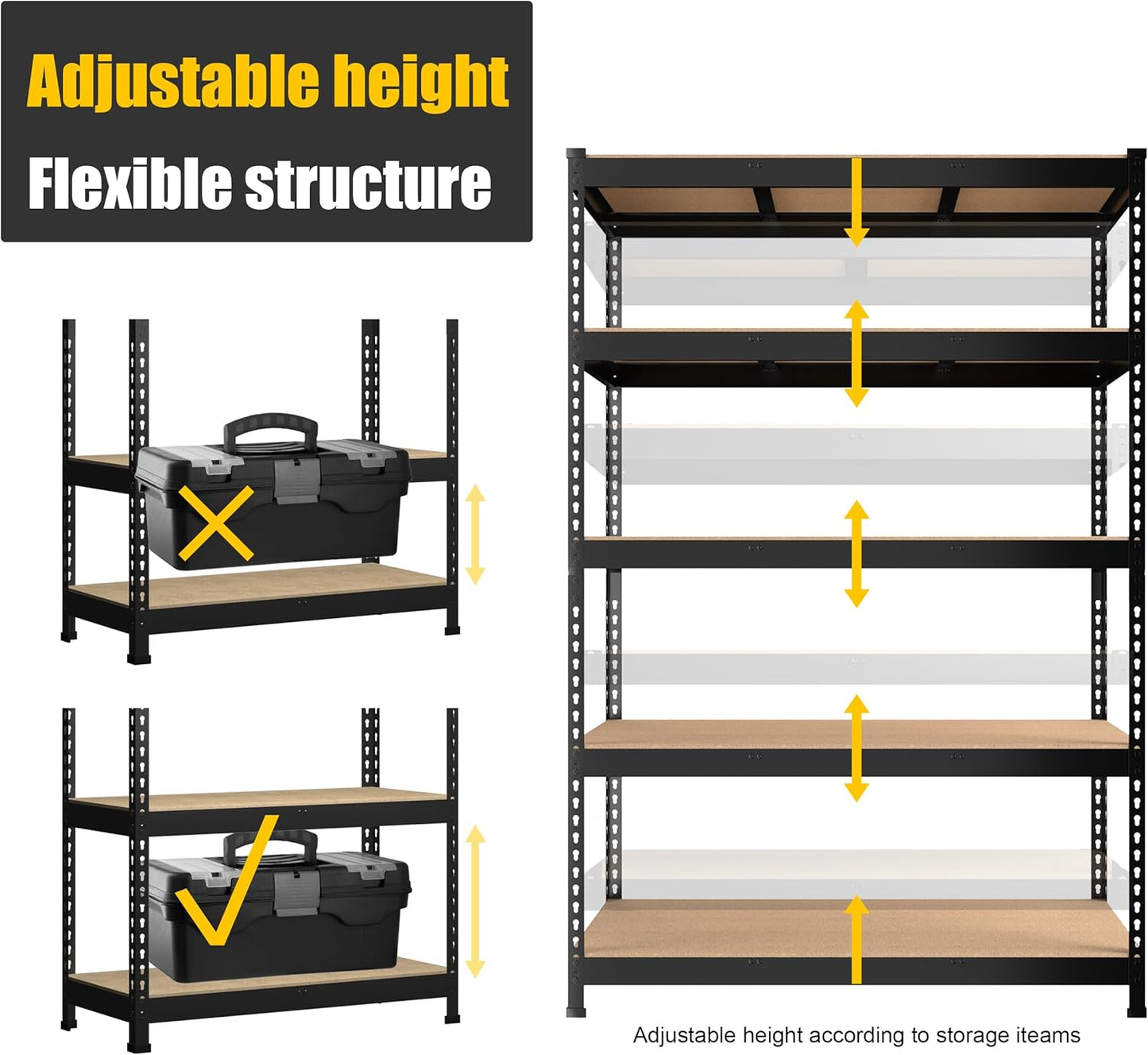 PrimeZone 4 Pack Heavy Duty Adjustable 5 Tier Garage Storage Shelves - 47" W x 18" D x 71" H, Metal Utility Rack Shelf Unit for Warehouse, Pantry, Closet, Kitchen, Black