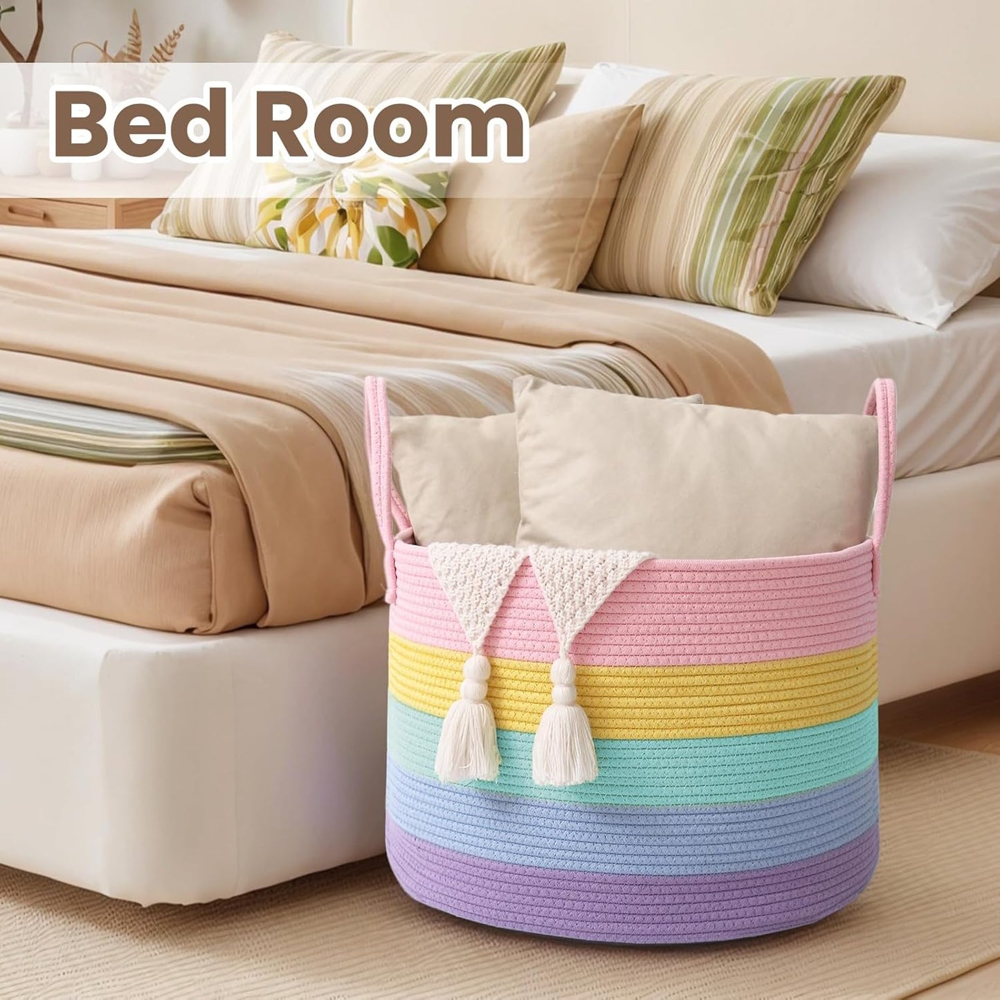 Woven Blanket Basket,115L Large Rope Storage Bin with Handles, Organizer for Blankets Toys Book and Clothes, Laundry Basket for Living Room Bedroom Nursery,Rainbow